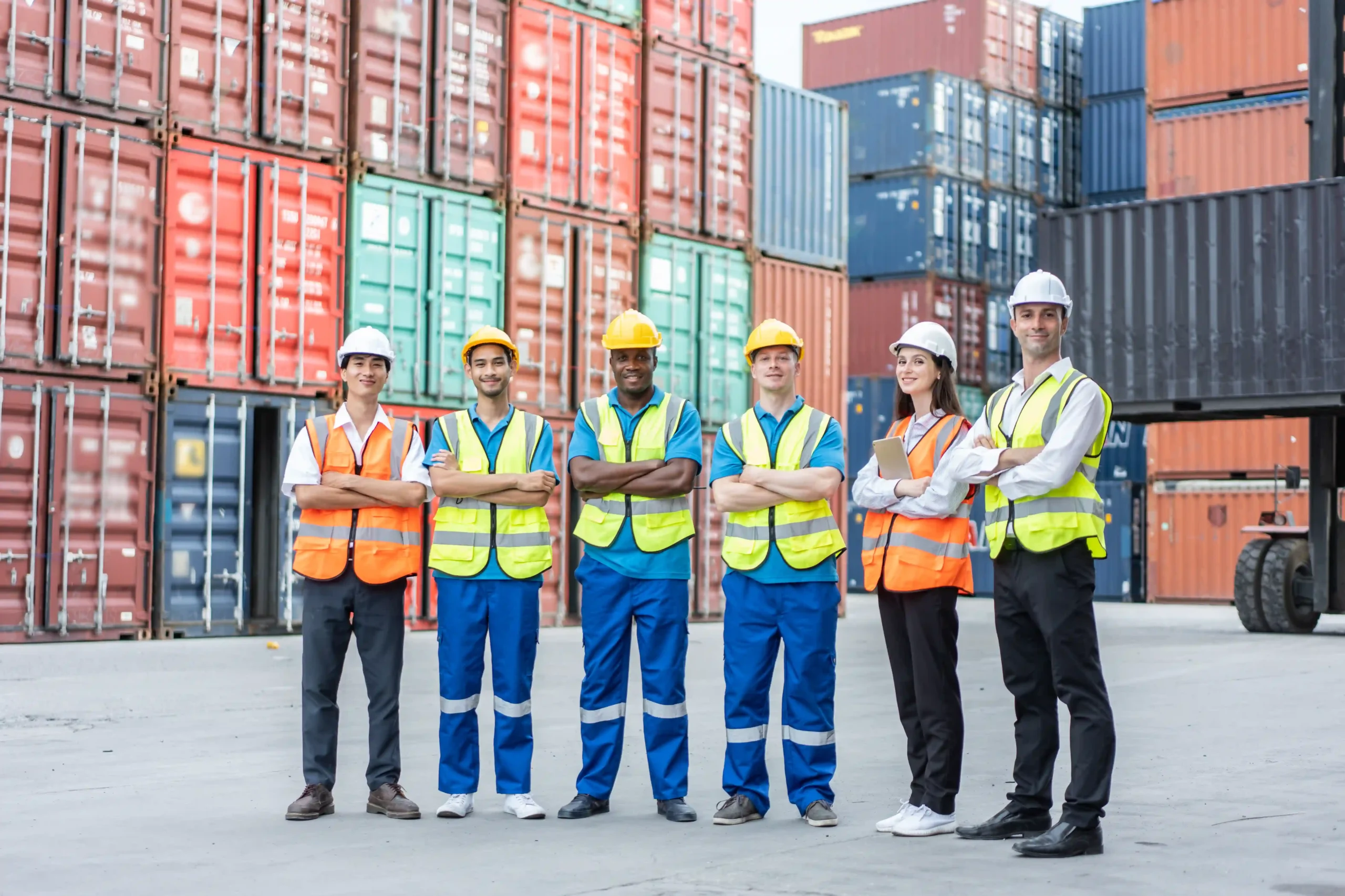 A diverse logistics team standing in front of shipping containers, representing a logistic management information system in action.
