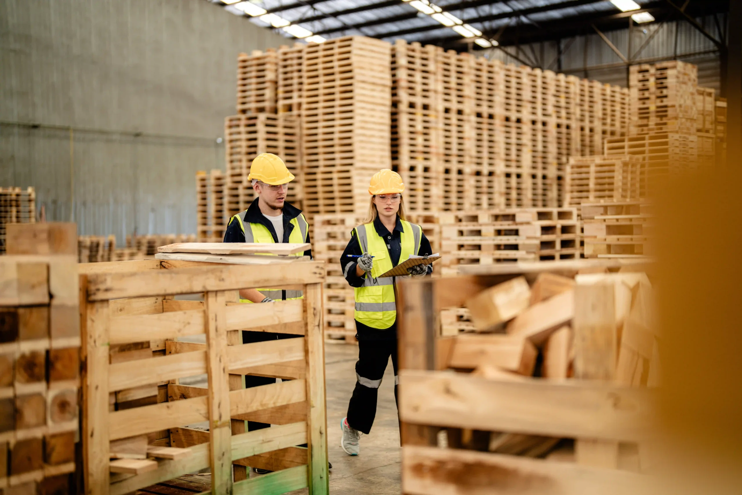 Workers inspecting wood pallets in a warehouse facility for pallet transport jobs.