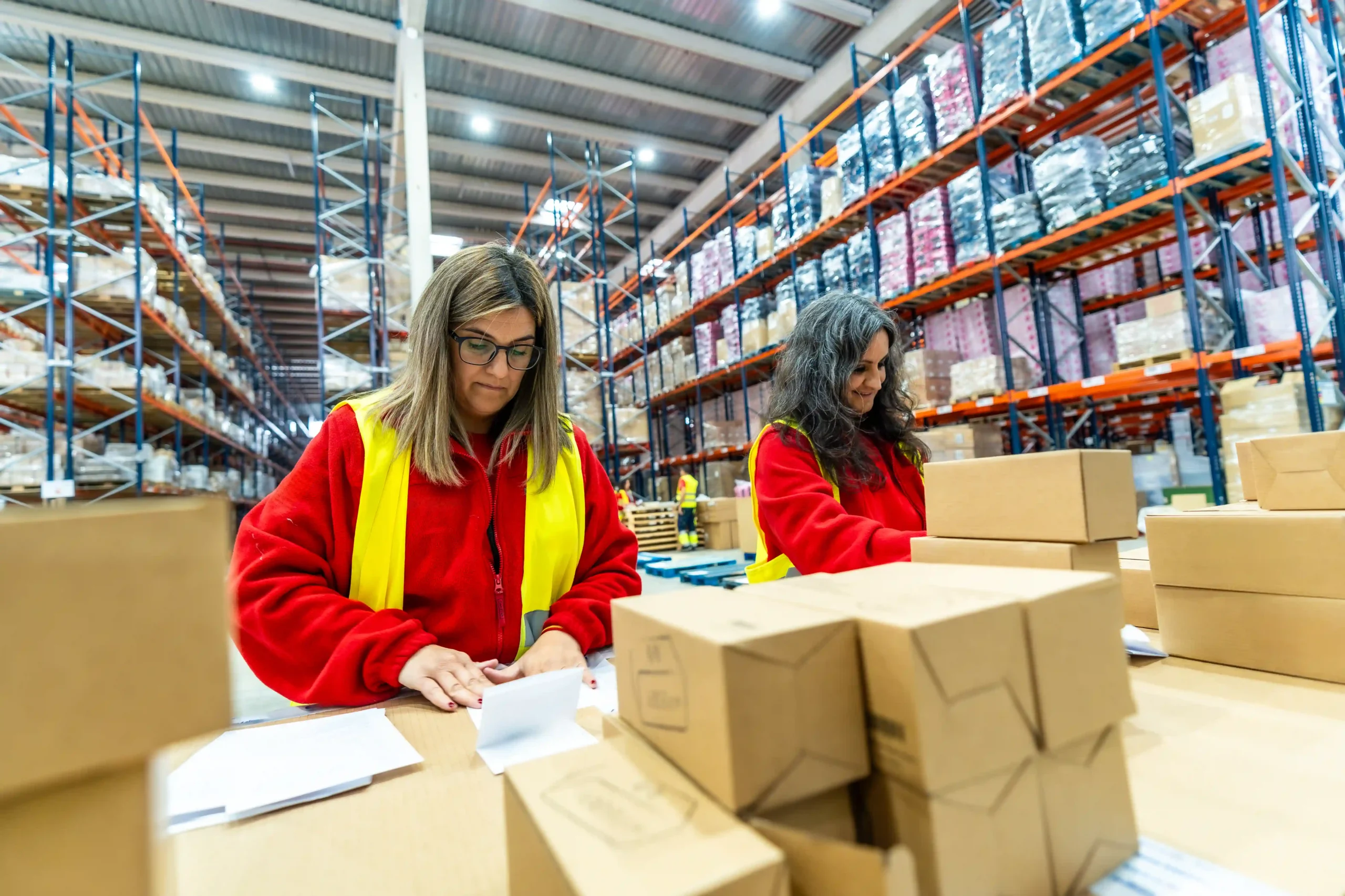 Warehouse staff handling packaging and inventory tied to what are the 12 elements of logistics