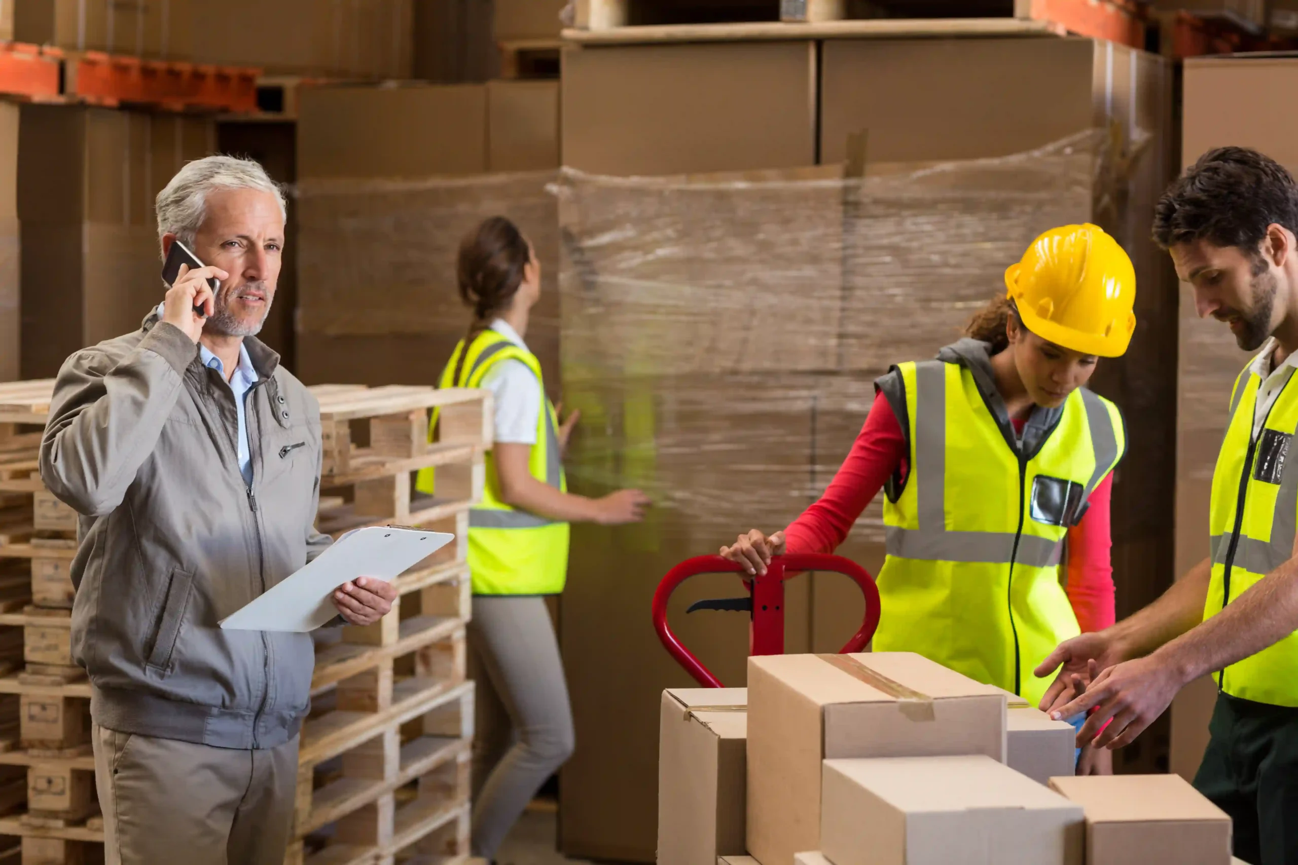 Team organizing boxes on pallets for efficient dispatch with a pallet delivery app