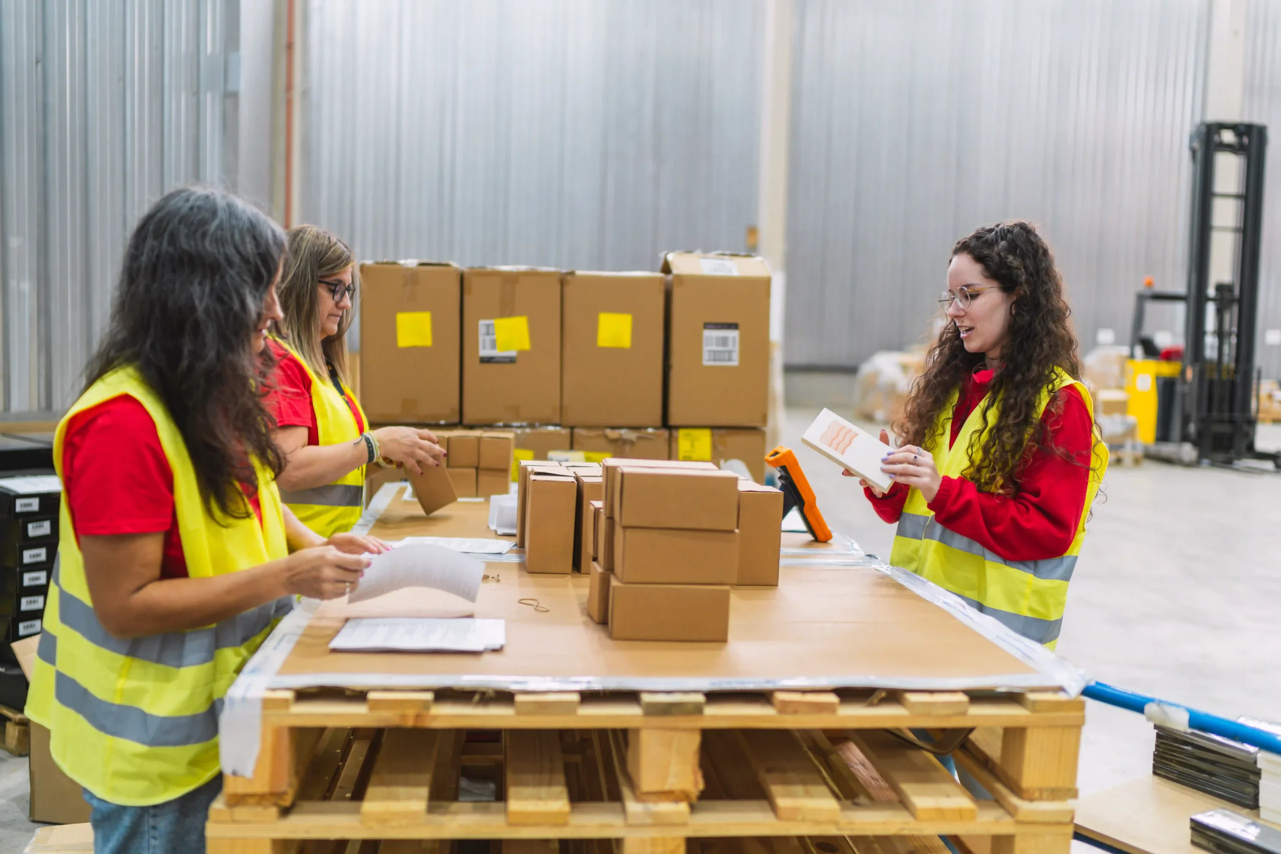 Team labeling outbound shipments for trade compliance management documentation accuracy.