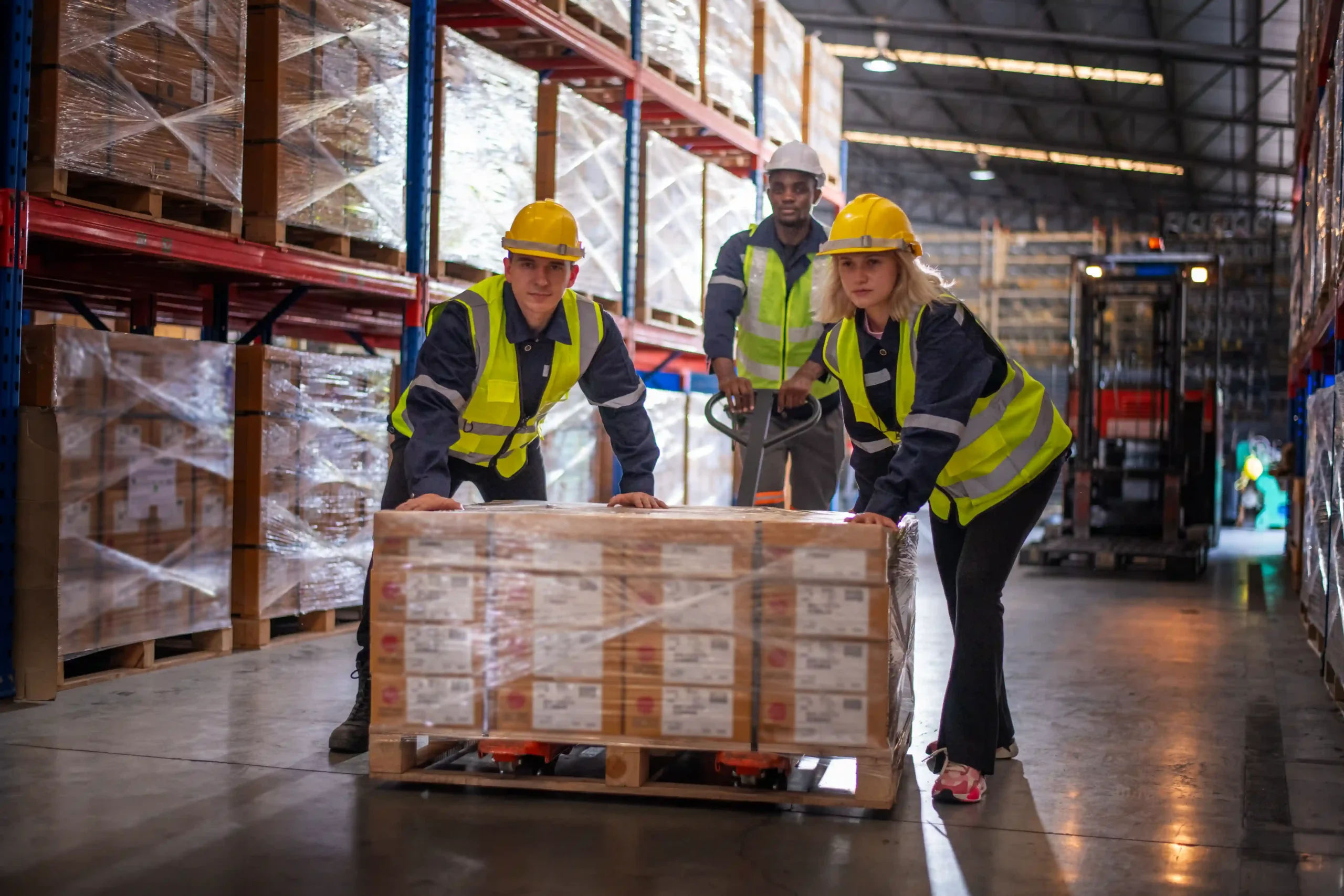 Logistics team moving shrink-wrapped pallet in warehouse using pallet delivery app tracking