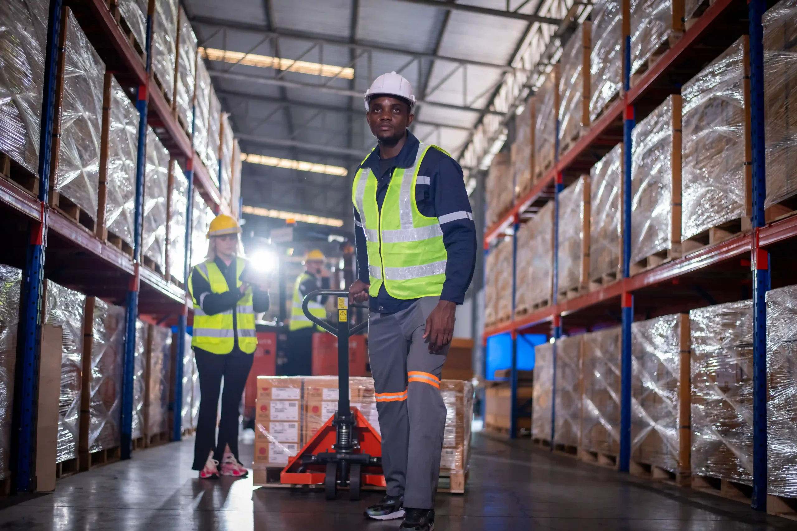 Workers using pallet jacks and tablets to manage inventory in a 3pl logistics process facility