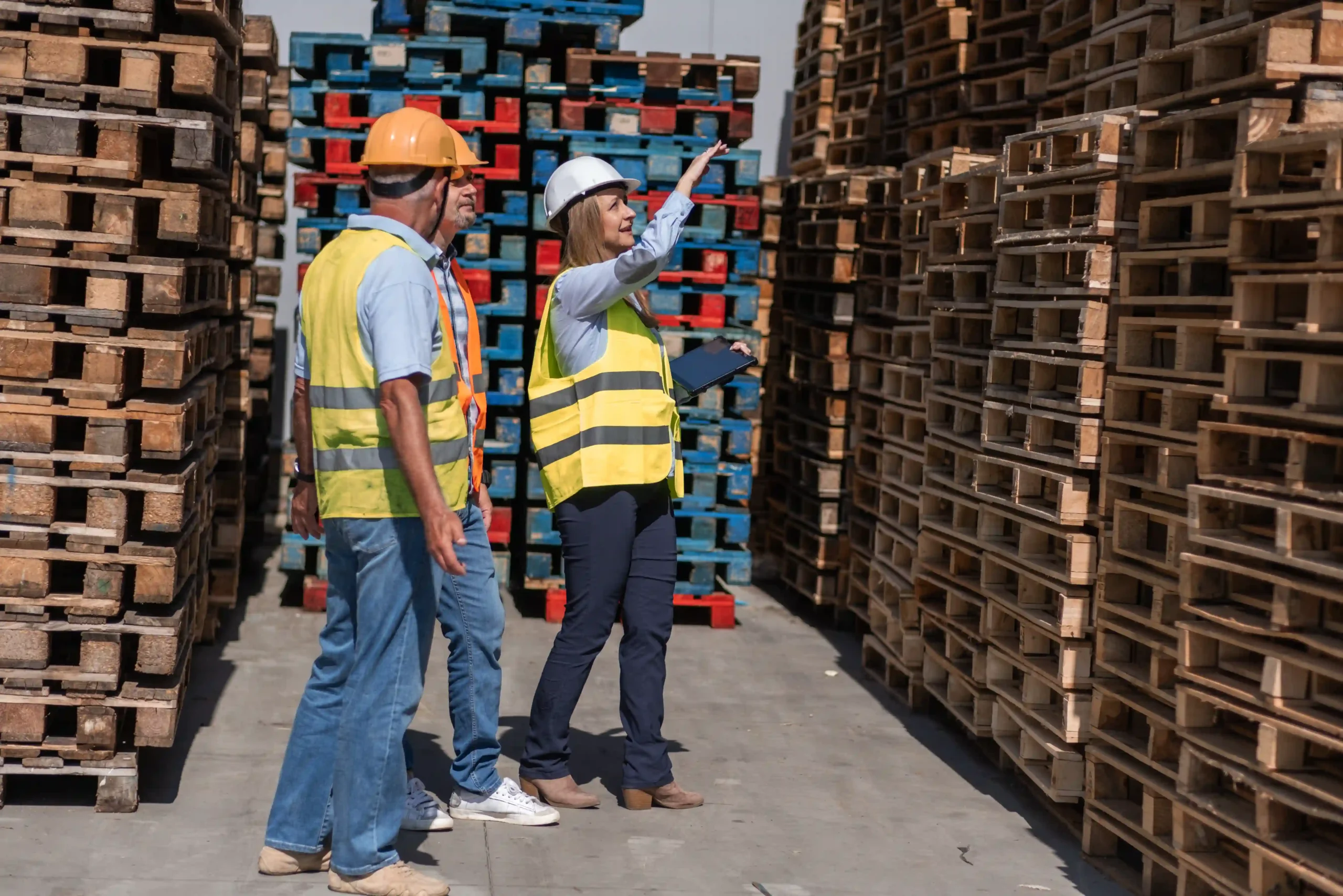 Logistics team managing stacked pallets outdoors during pallet transport jobs.