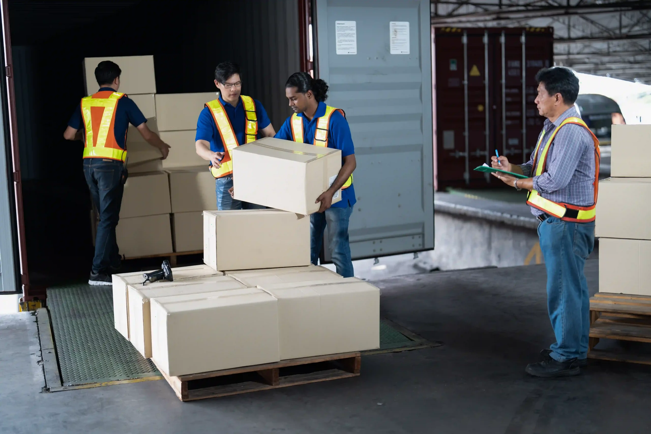 Warehouse staff loading cargo boxes into a shipping container at a logistics and forwarding company facility