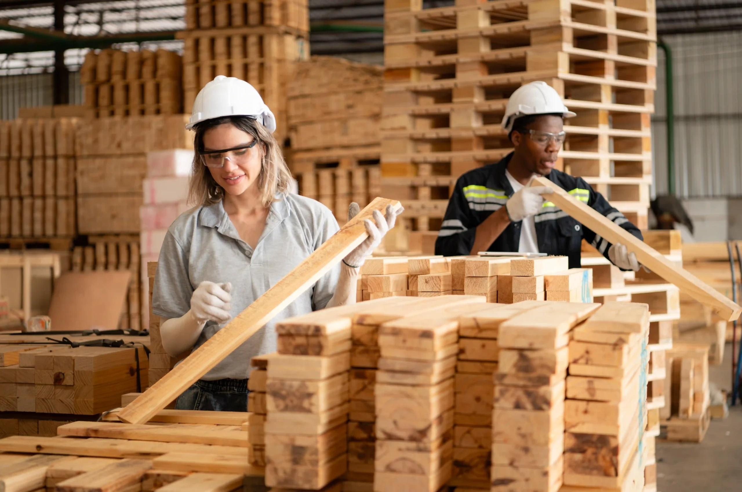 Warehouse team reviewing inventory using a digital checklist for pallet transport jobs.