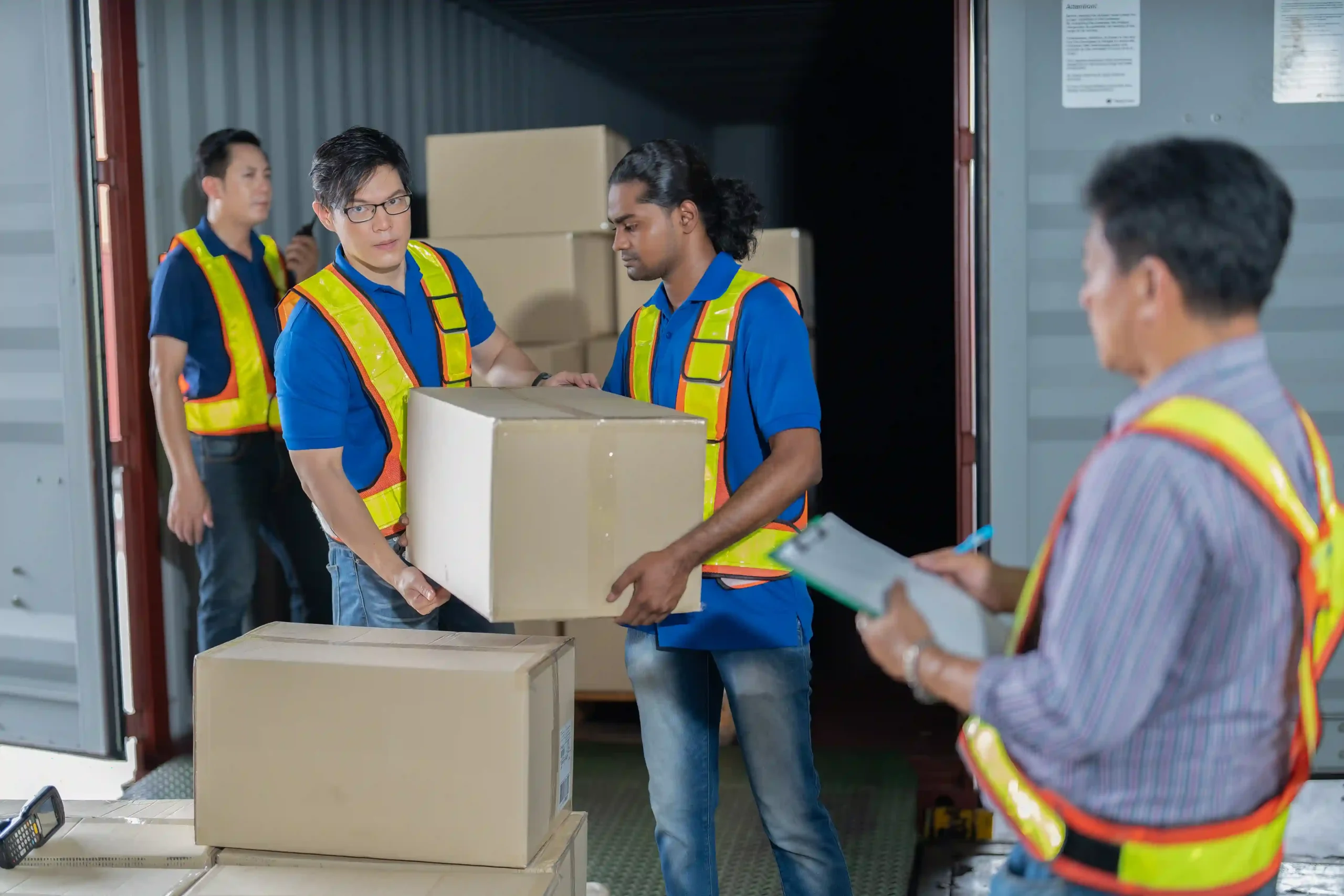 Warehouse team loading shipments for international trade while adjusting to suspended de minimis policy thresholds.