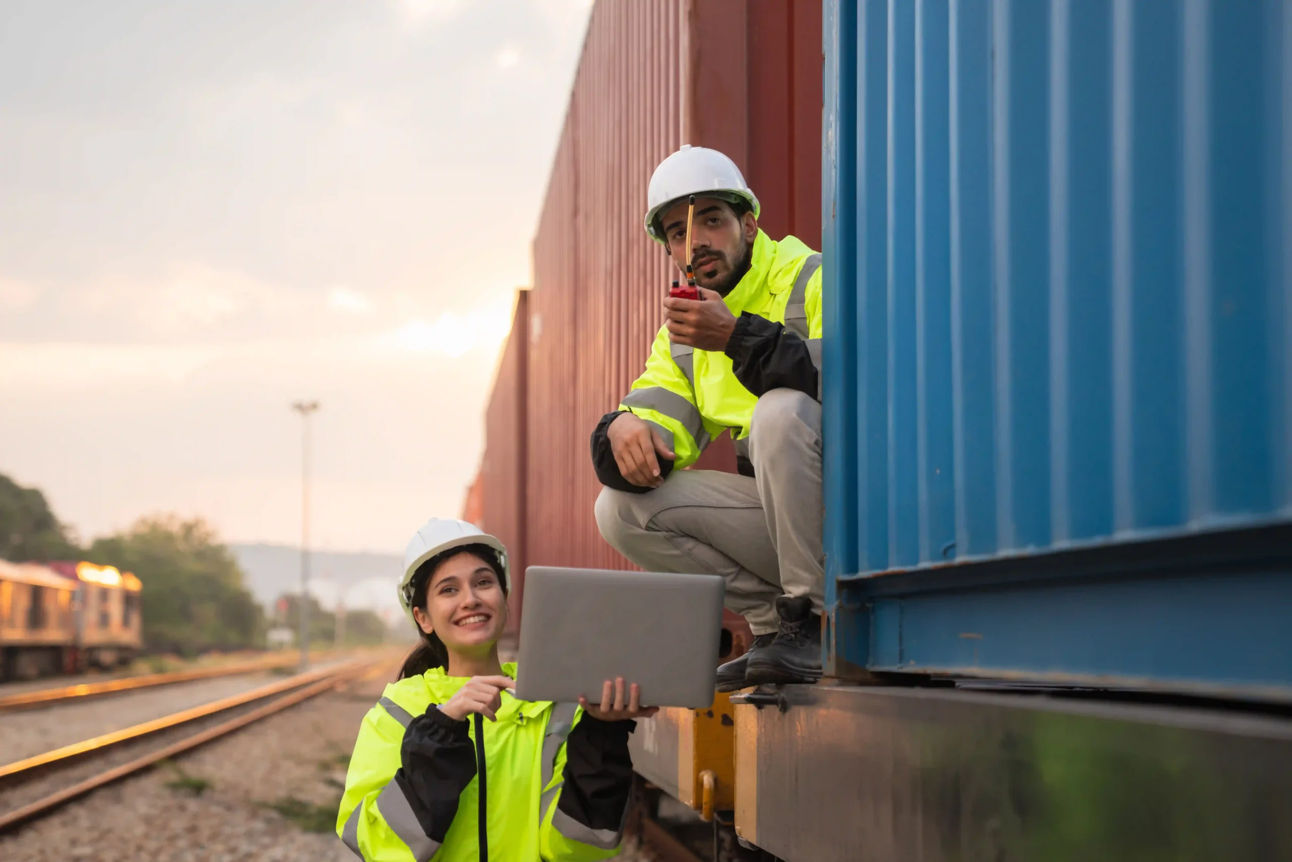 Rail freight workers managing cargo inventory with laptop, showing how logistics operations intersect with what does de minimis mean in tax.