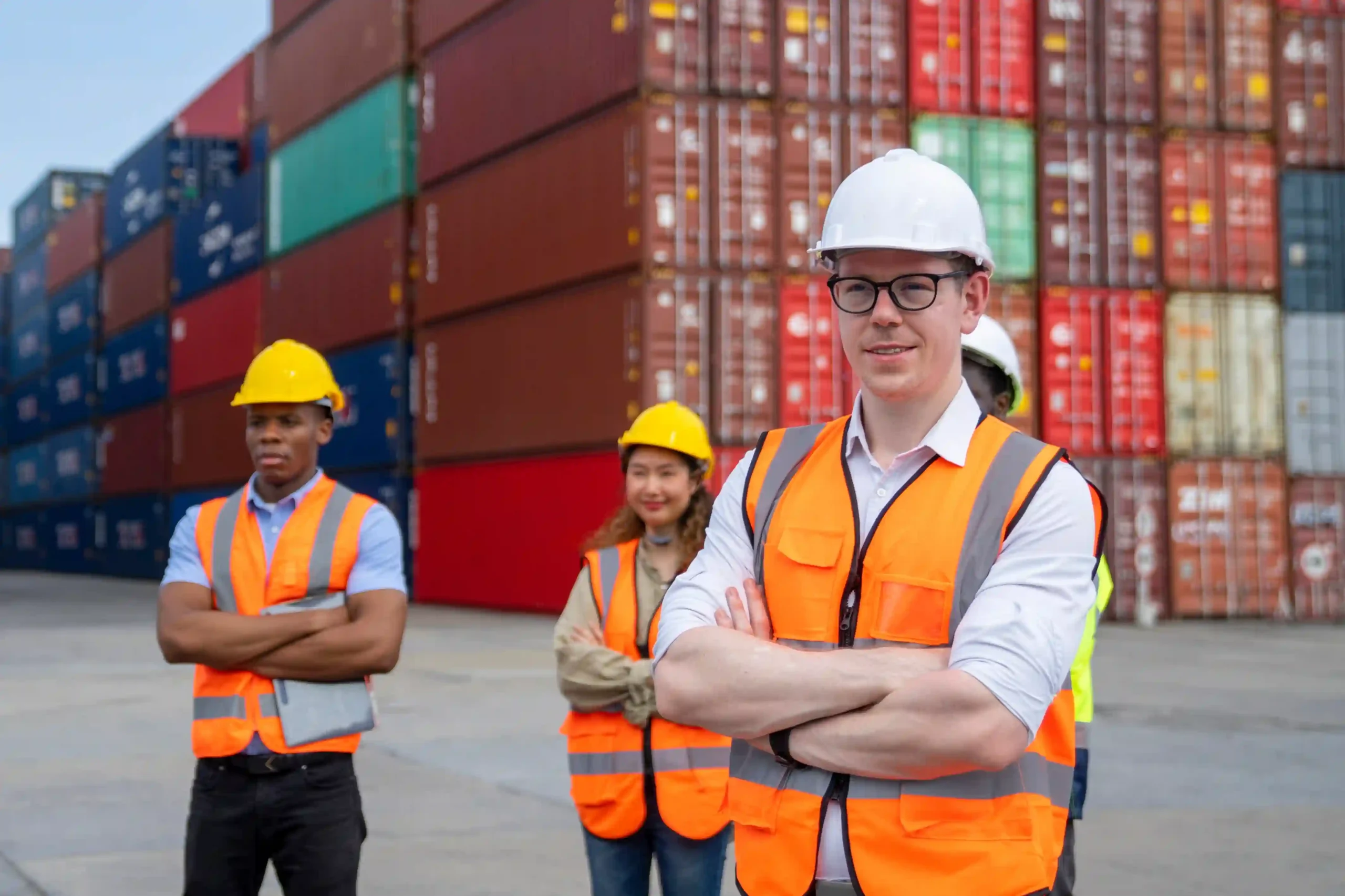Logistics team standing confidently in front of cargo containers, prepared for changes in trade regulations like de minimis tariffs.