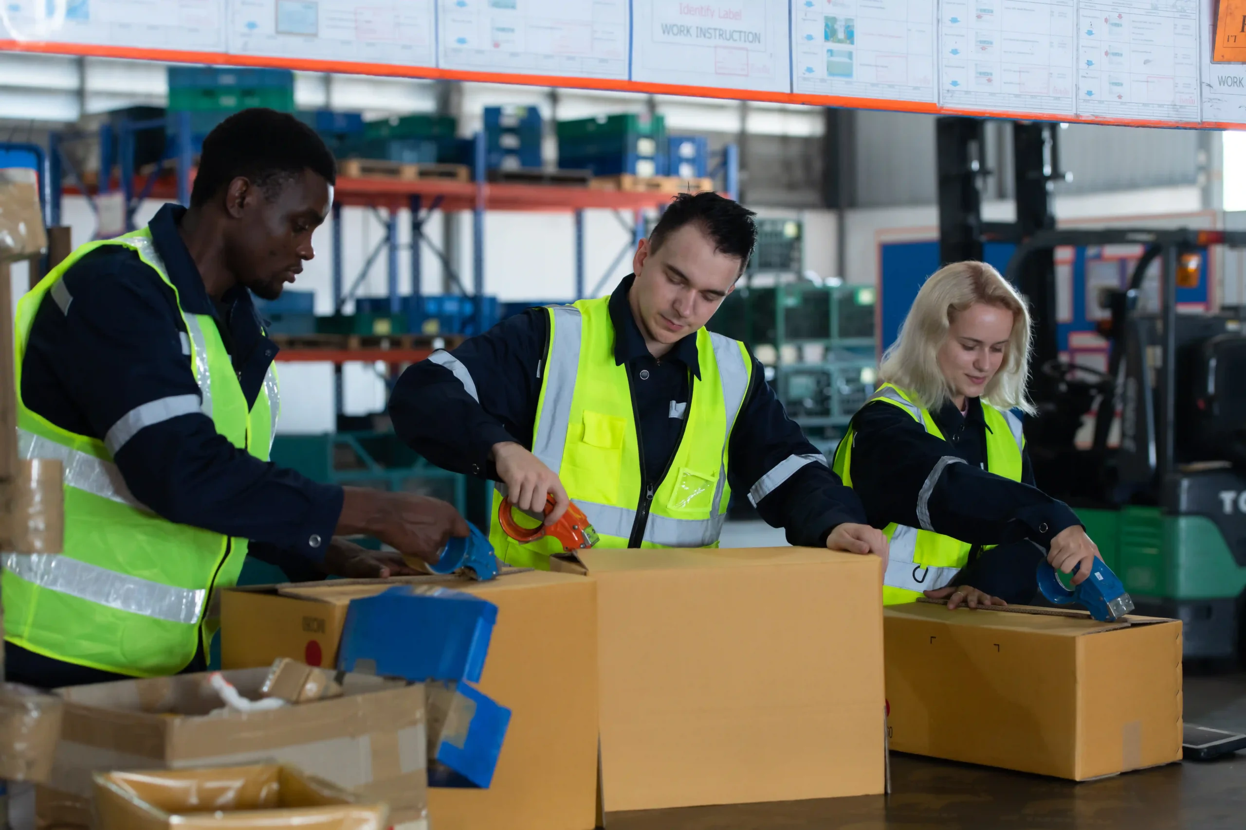 Workers packing and sealing boxes in warehouse, ensuring compliance with de minimis packages regulations.