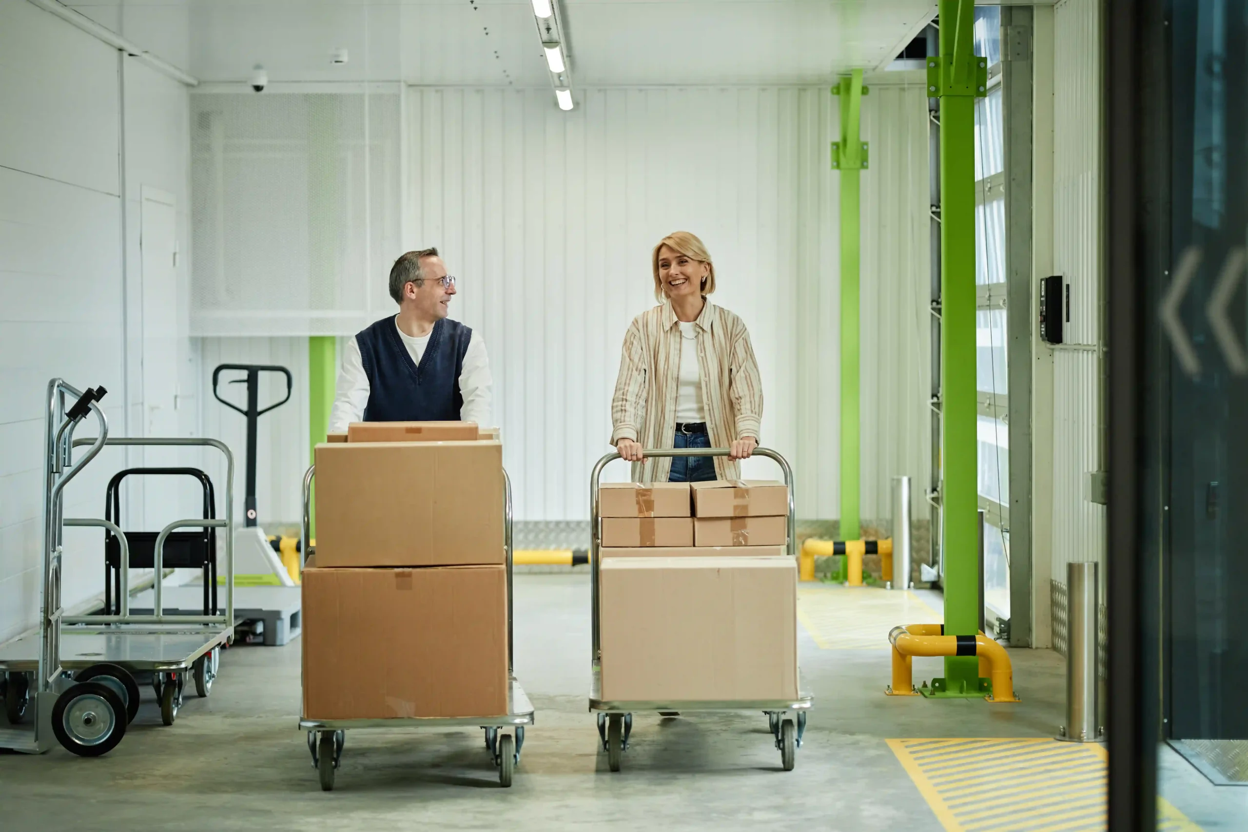 Two warehouse employees pushing carts with packages, illustrating handling of de minimis assets in logistics.