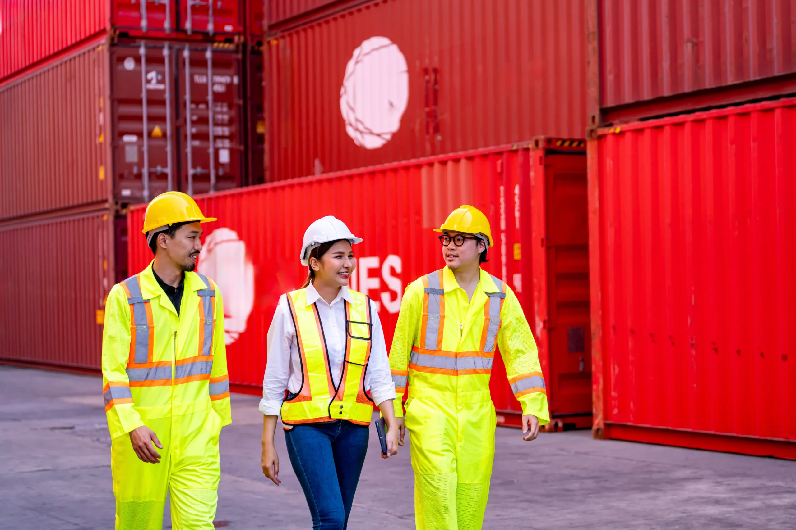 Logistics professionals walking near shipping containers, adapting to supply chain changes from the de minimis update.