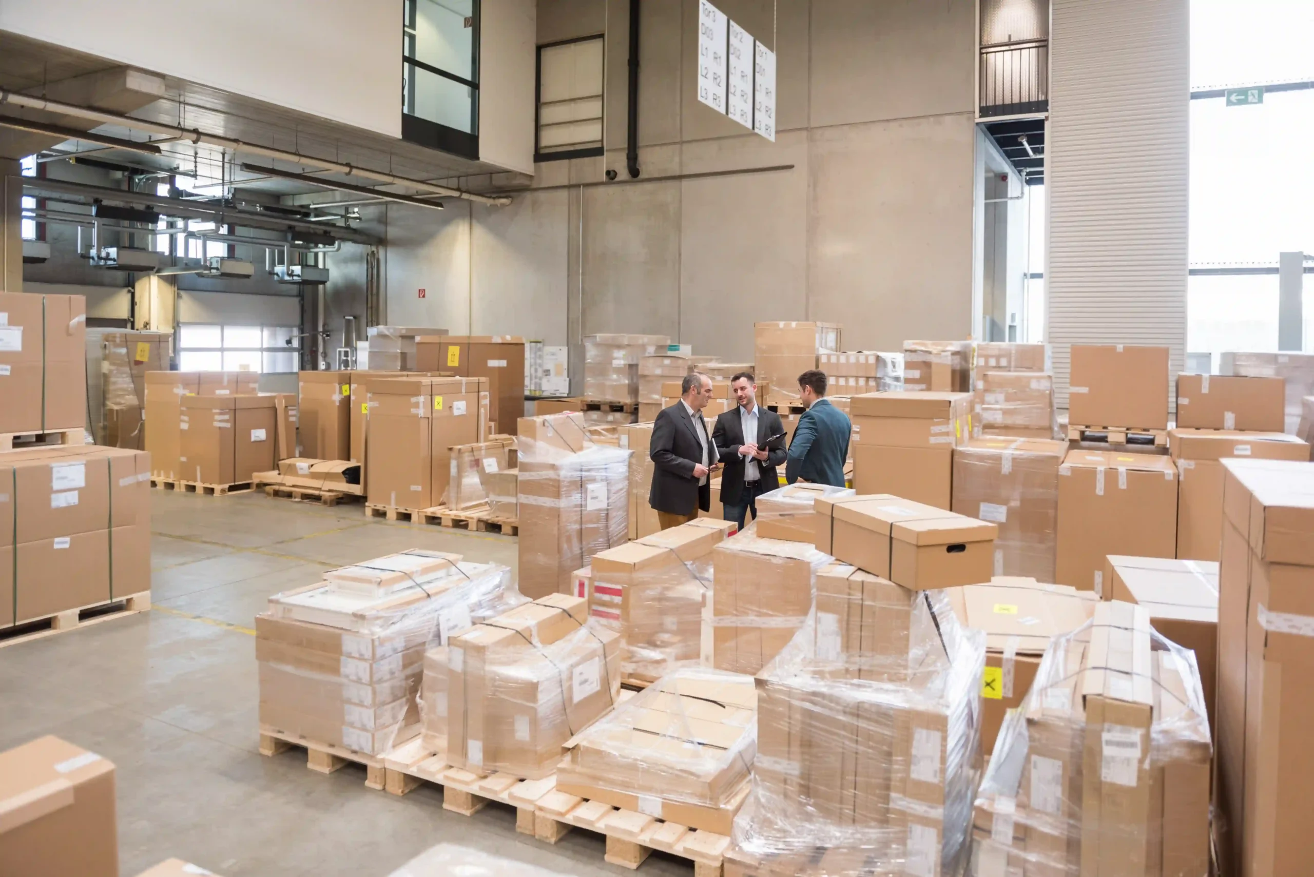 Business managers reviewing shipments in a warehouse surrounded by boxes, highlighting policies for de minimis assets.