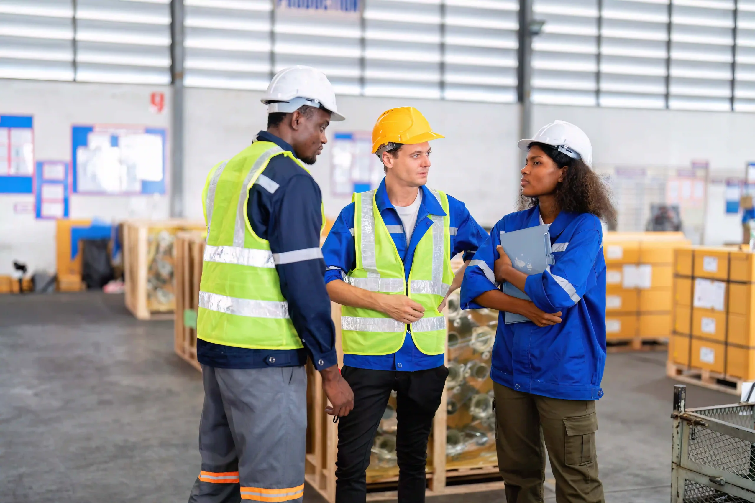 Team of warehouse staff reviewing compliance documents under updated de minimis US customs regulations.