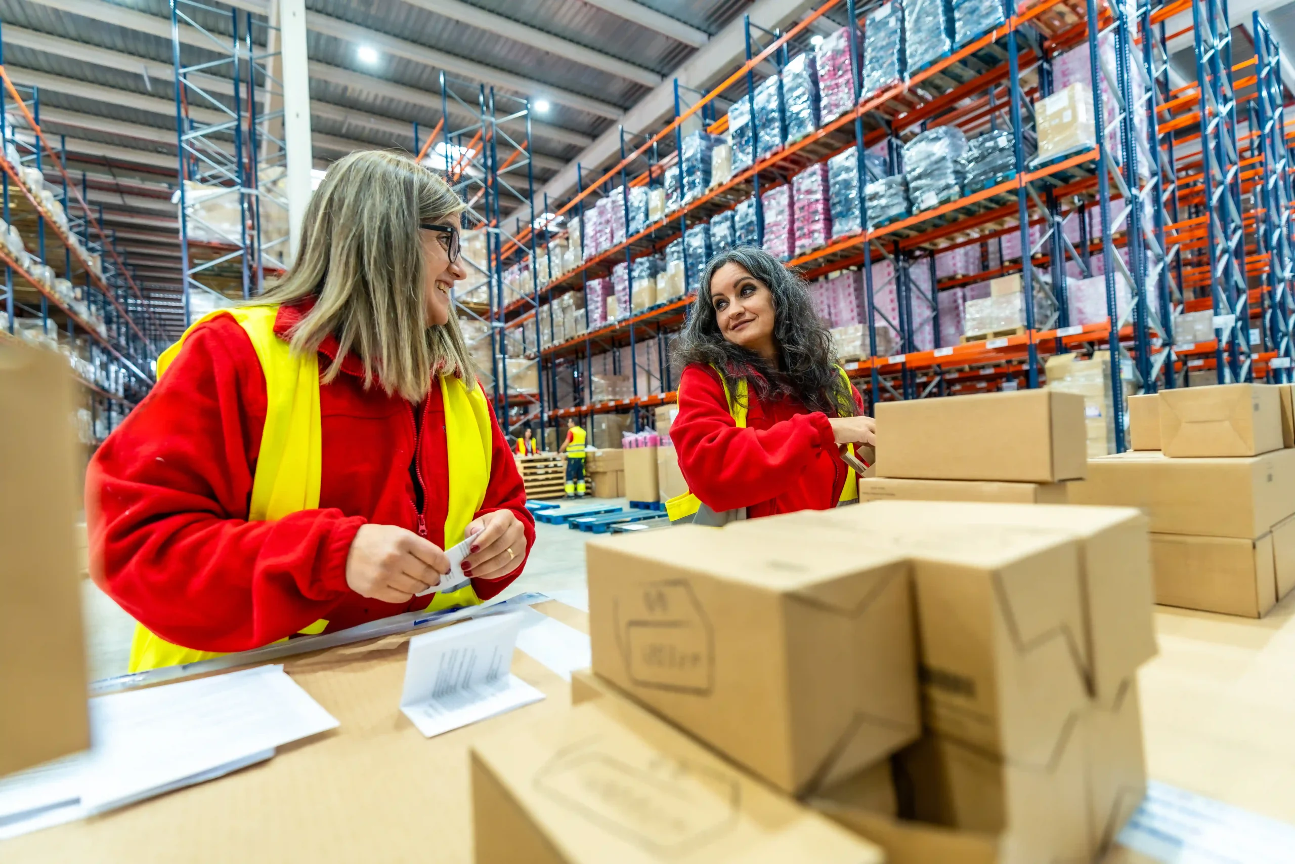 Workers labeling packages in a distribution center, an example of processing de minimis assets in everyday operations.