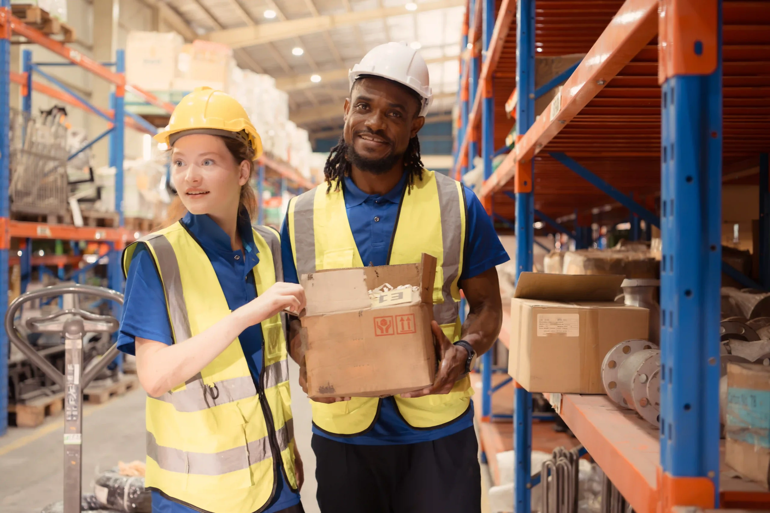 Two warehouse workers in safety vests holding a box, highlighting fulfillment operations shaped by de minimis rule imports.