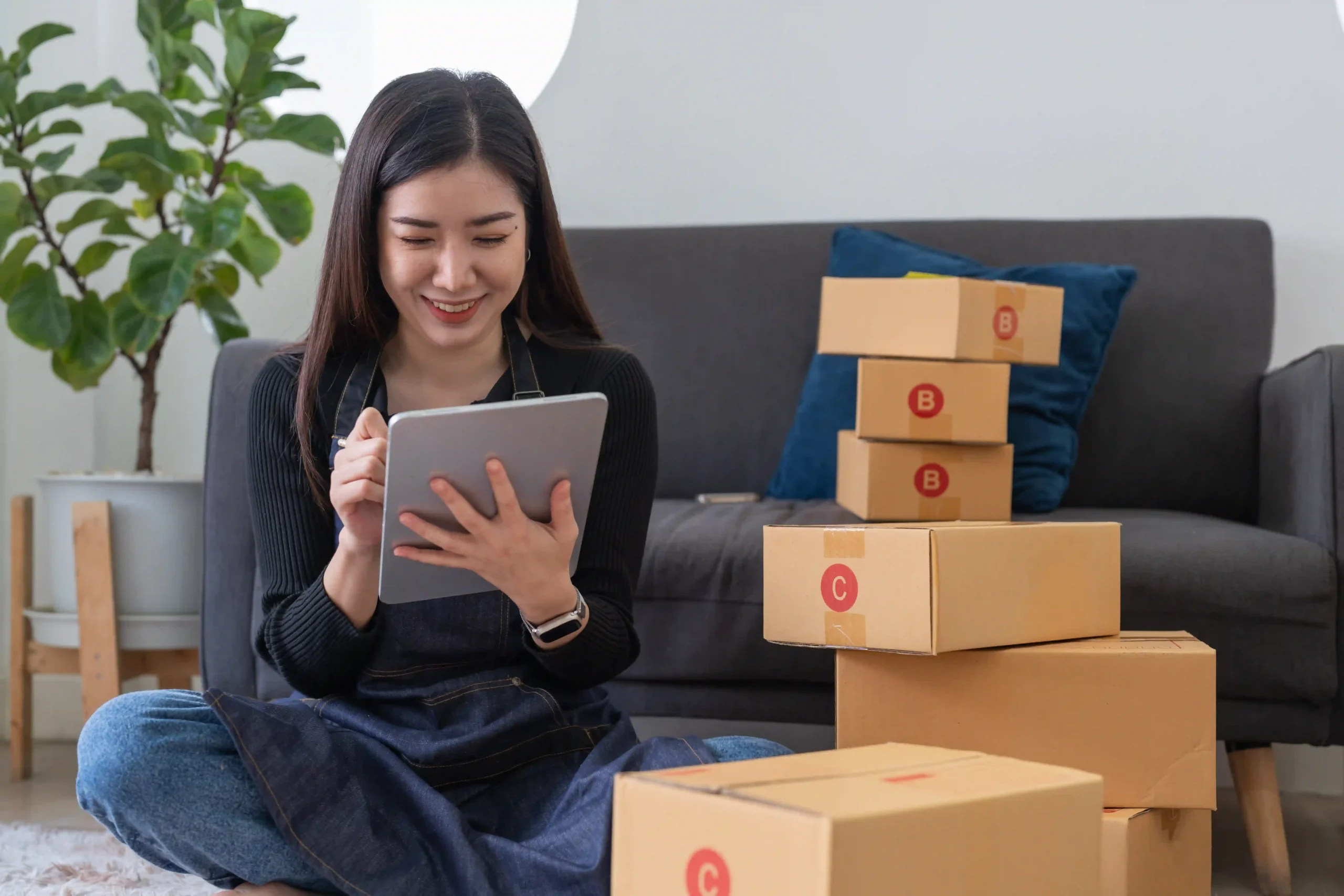 Small business owner managing shipments on a tablet while preparing orders impacted by de minimis entry changes.