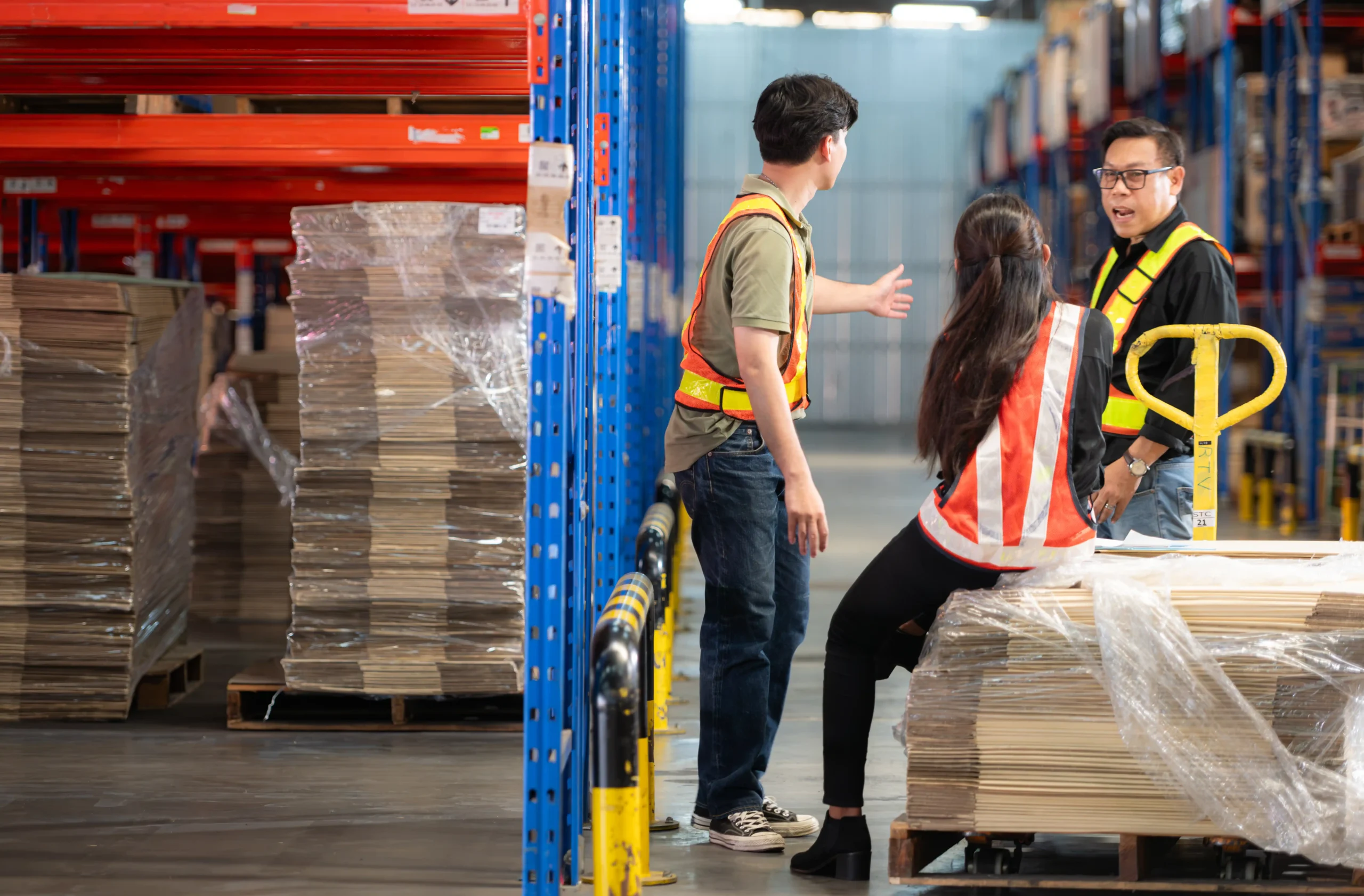 Warehouse employees discussing workflow near racks to highlight small warehouse ideas that prevent accidents and keep aisles clear.