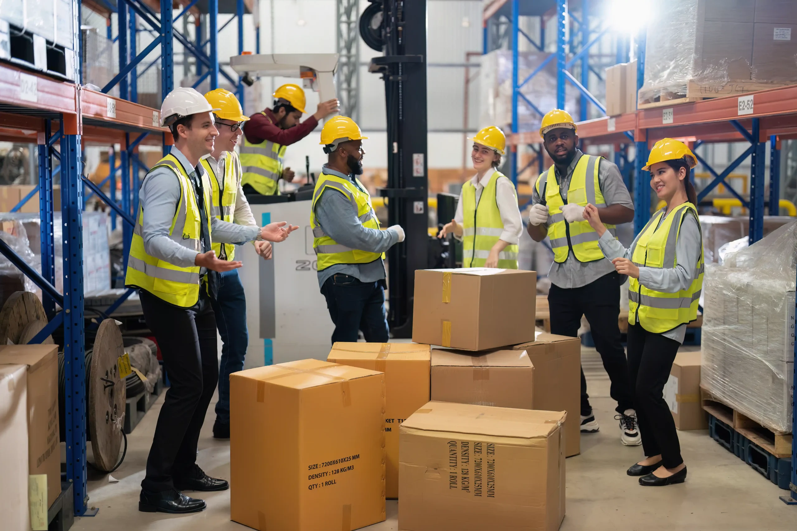 Workers collaborating inside a small warehouse building with boxes and shelving in the background.