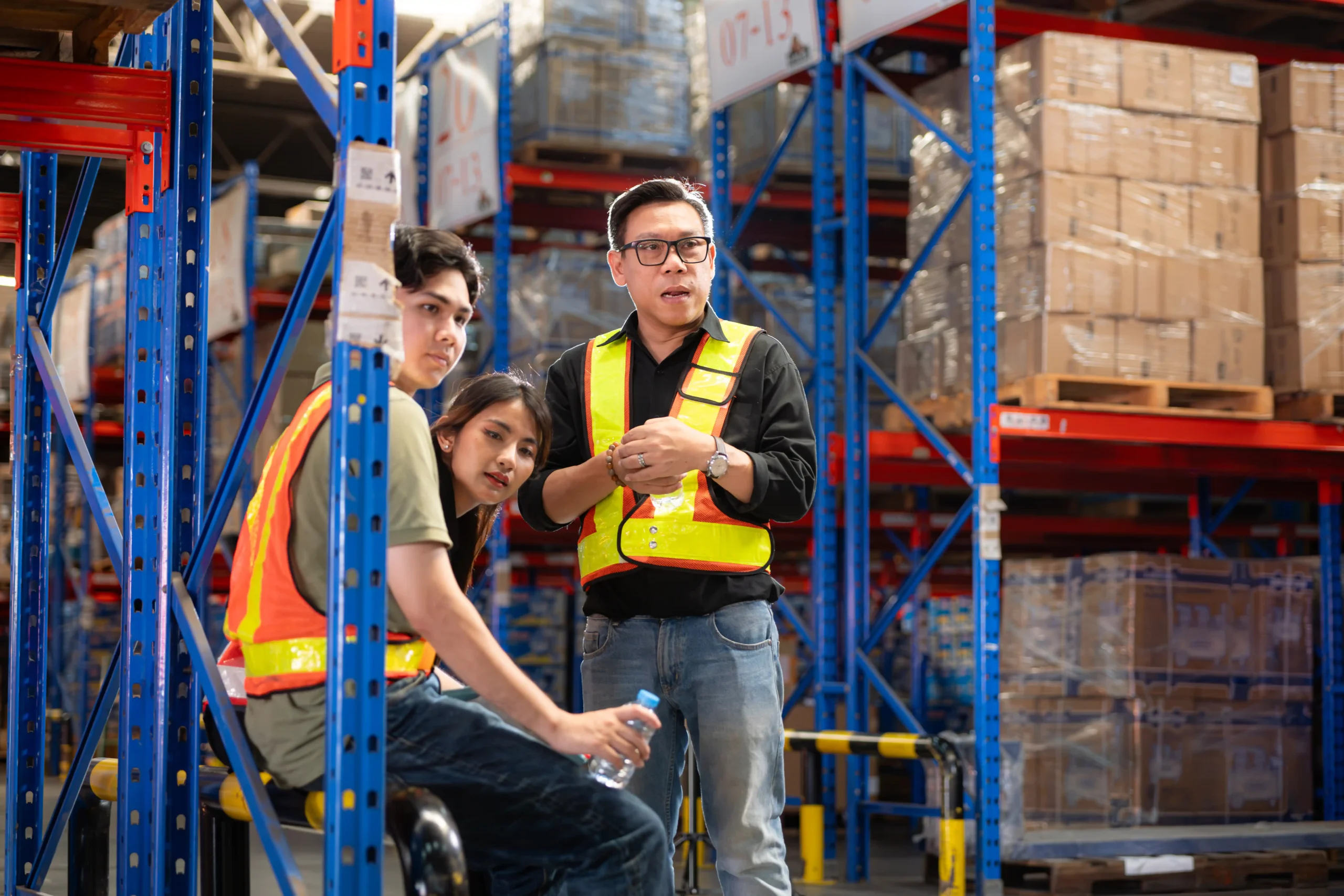 Employees taking a break in a small warehouse building with organized storage shelves.