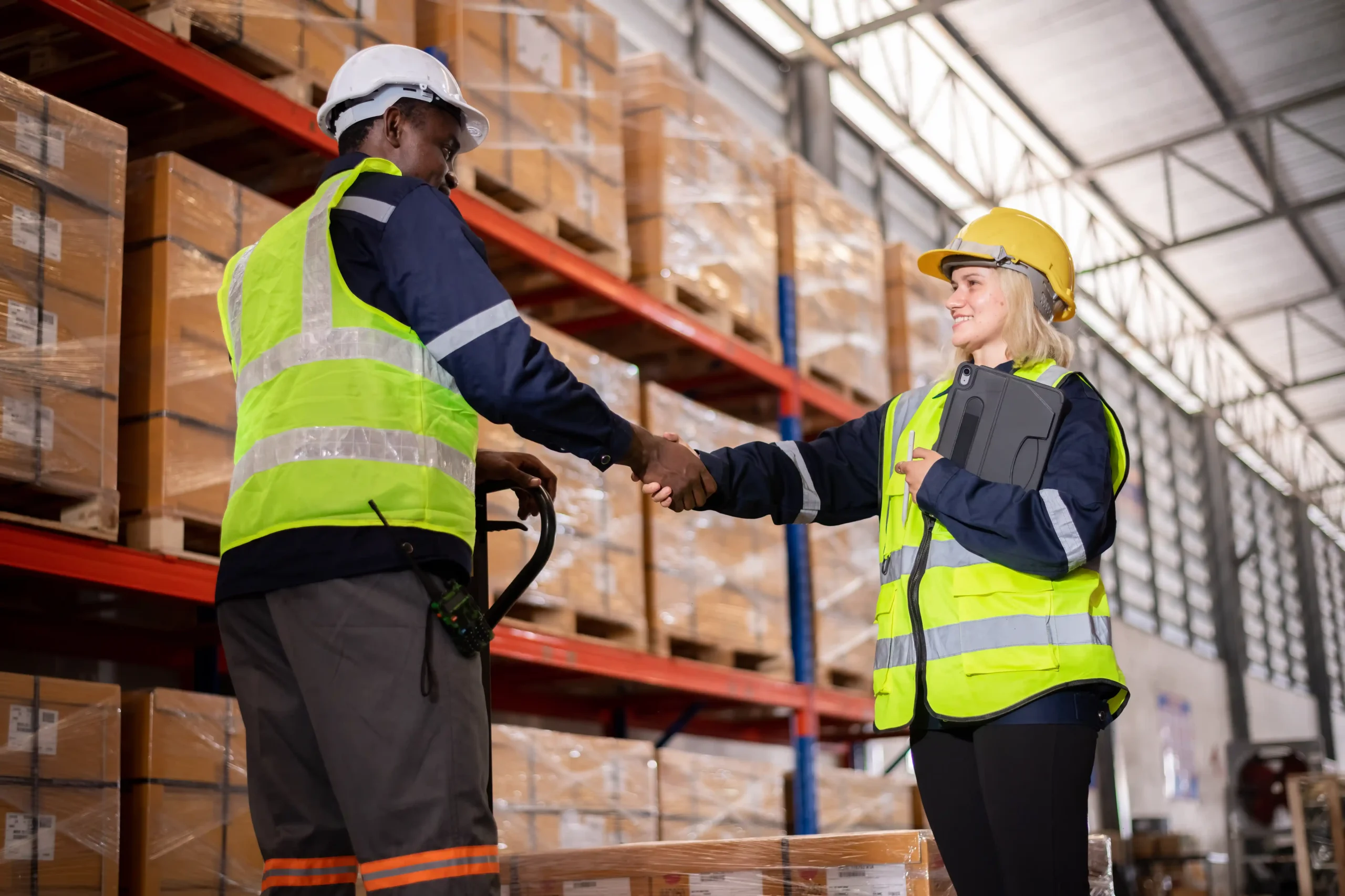 Warehouse workers shaking hands inside a small warehouse building near stacked pallets.
