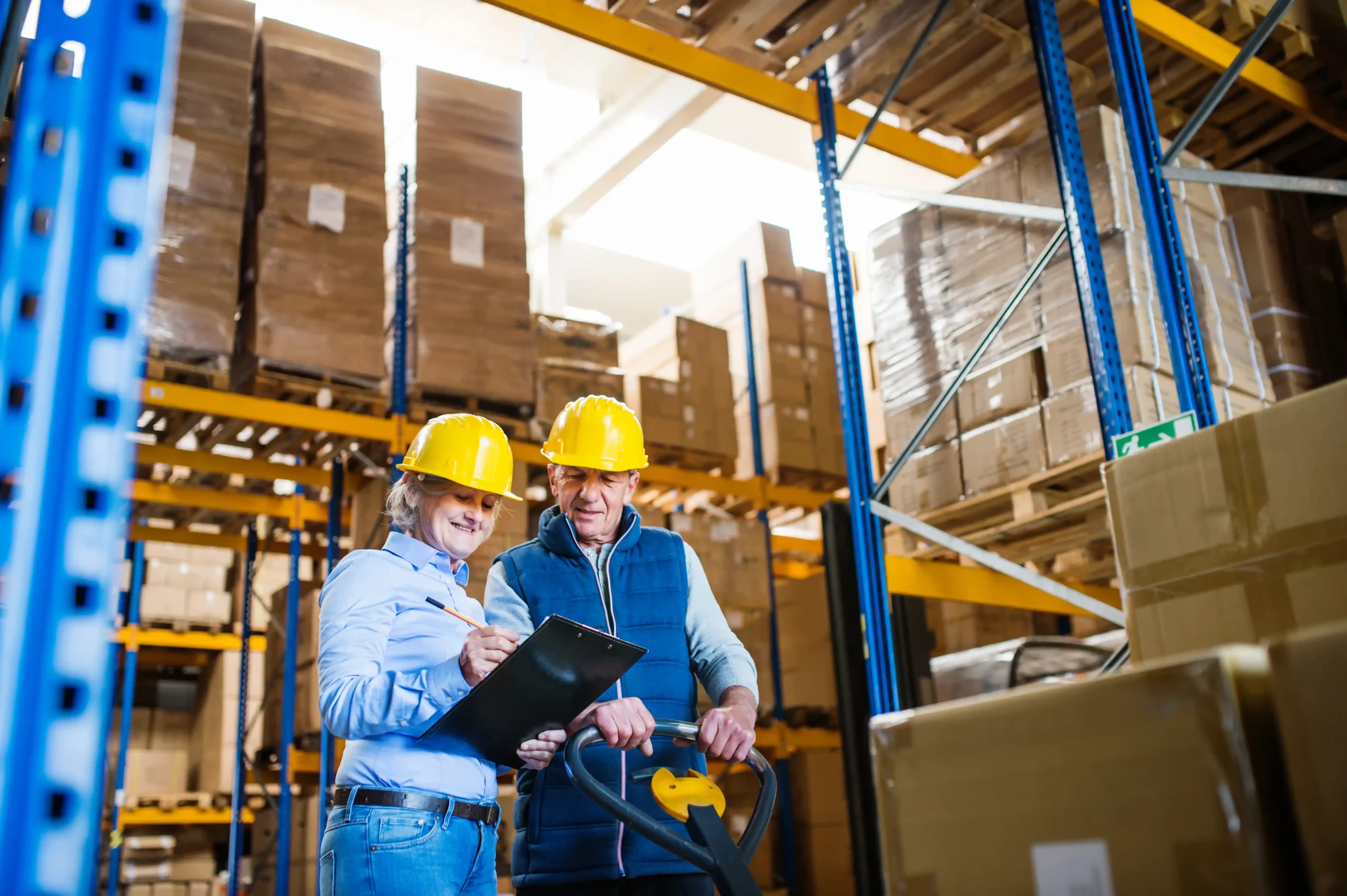 Manager and worker reviewing documents in a small warehouse building with tall racking.