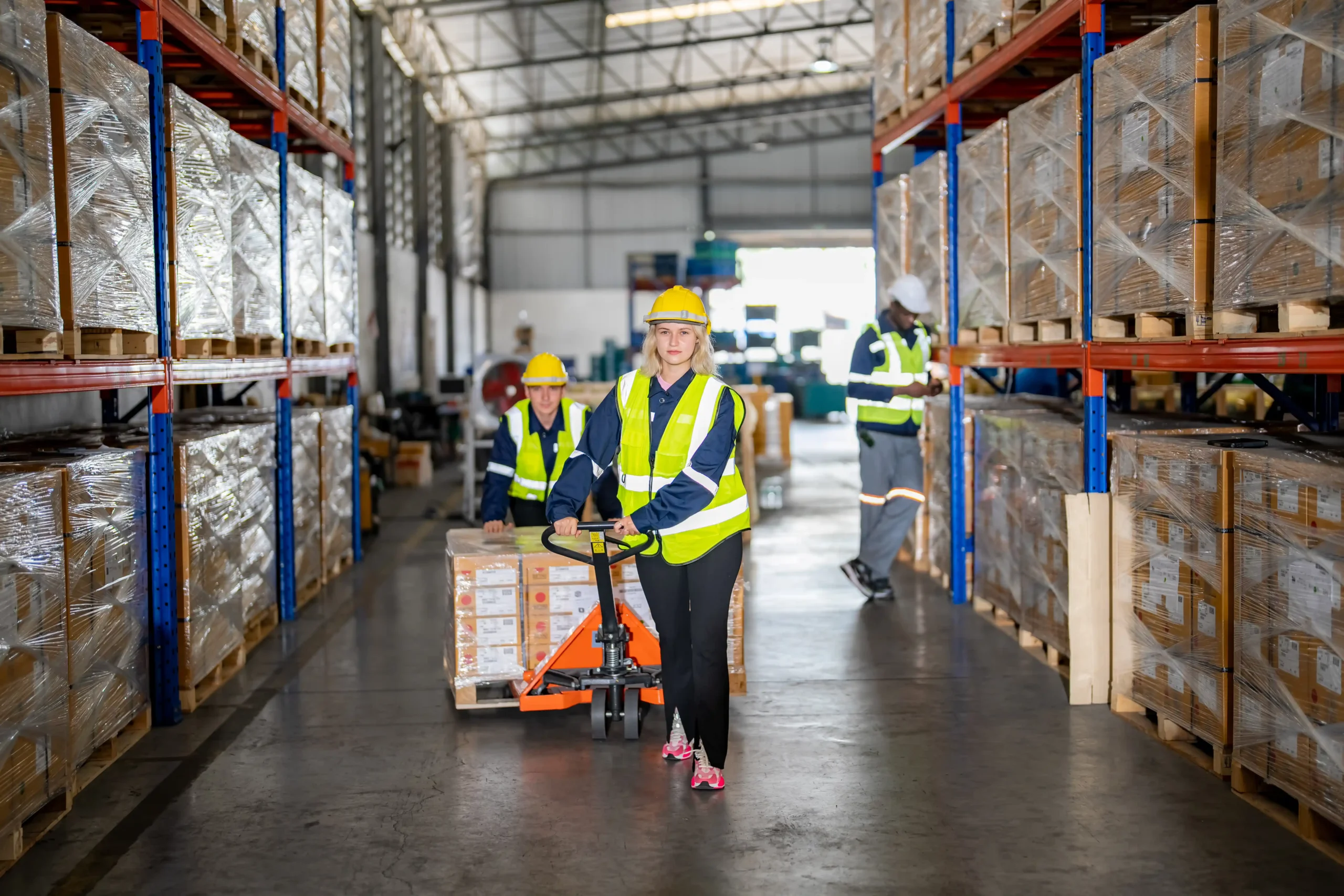 Logistics workers moving freight pallets inside a U.S. warehouse after de minimis regulatory updates, preparing outbound shipments.
