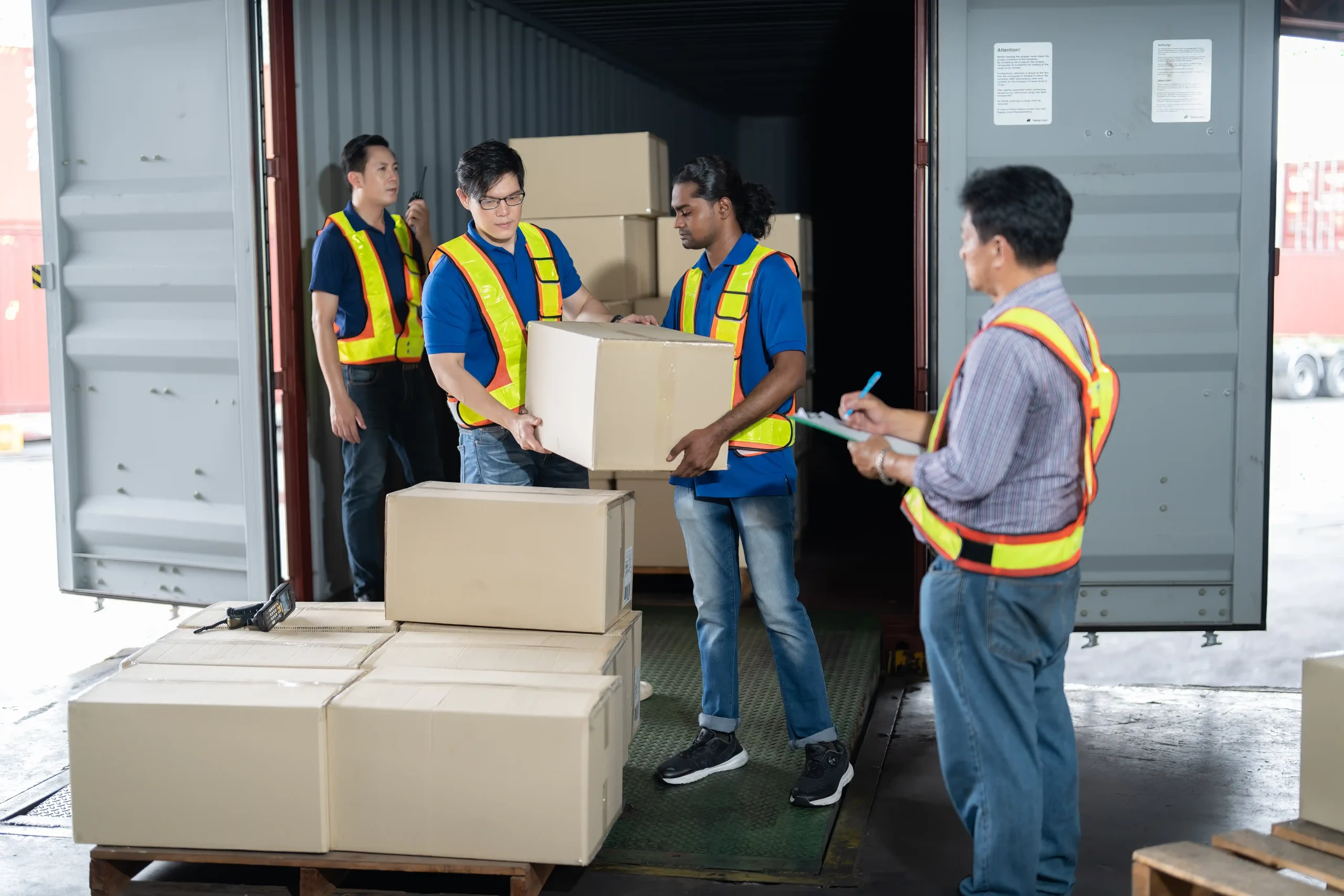 Team unloading boxes from a shipping container, demonstrating import workflow updates required after the duty-free threshold abolished.