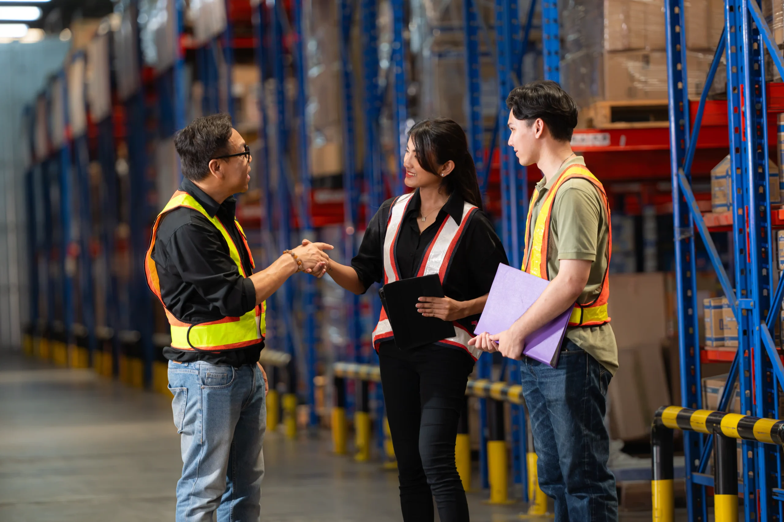 Warehouse workers and supervisors shaking hands inside a 3pl warehouse storage facility, discussing inventory and logistics operations.