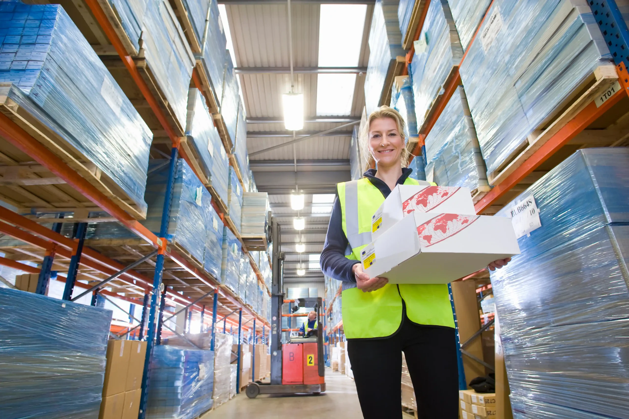 Female warehouse associate handling inventory inside distribution logistics companies warehouse facility