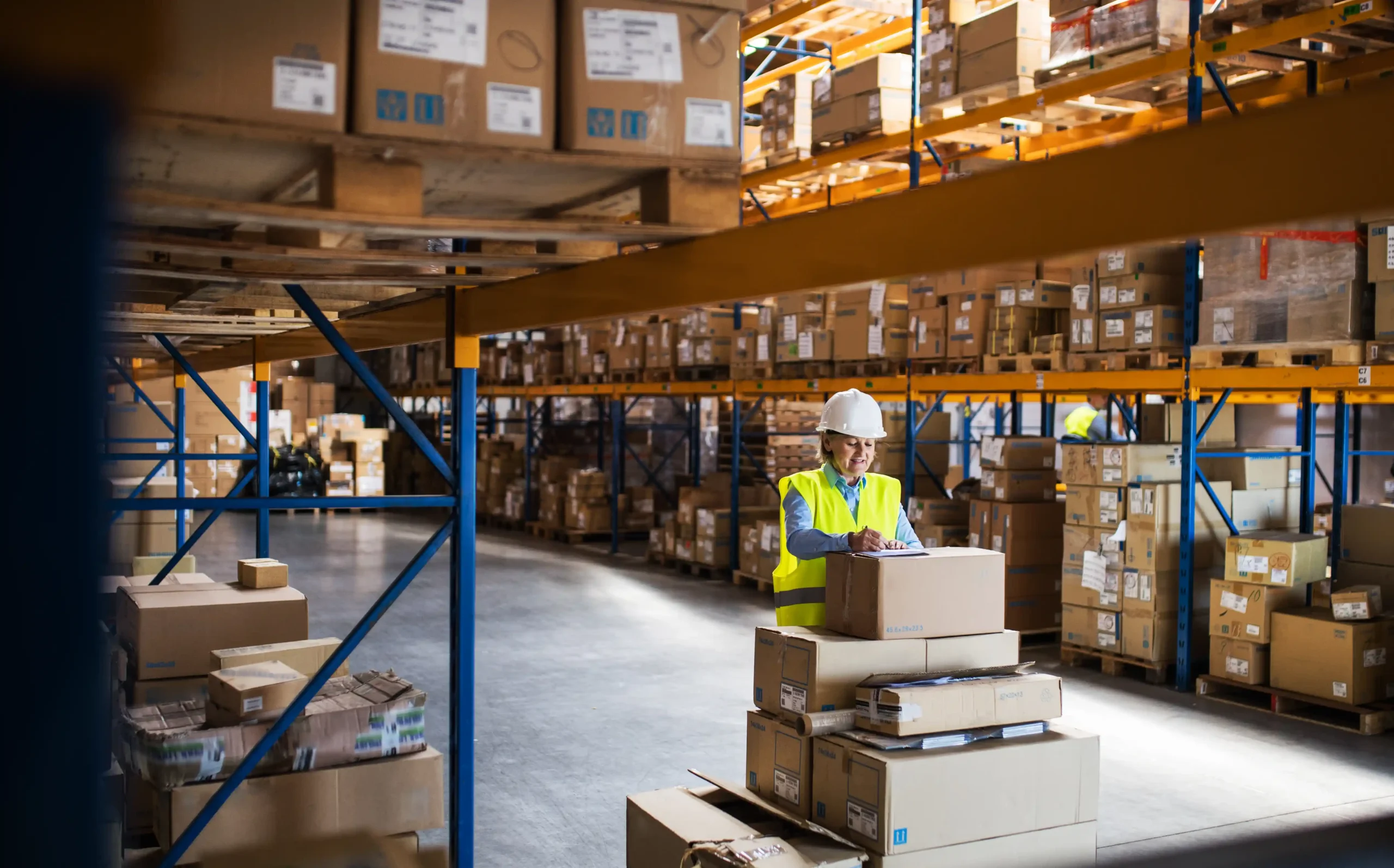 Senior warehouse professional reviewing inventory as part of hands-on training covered in warehouse and logistics courses