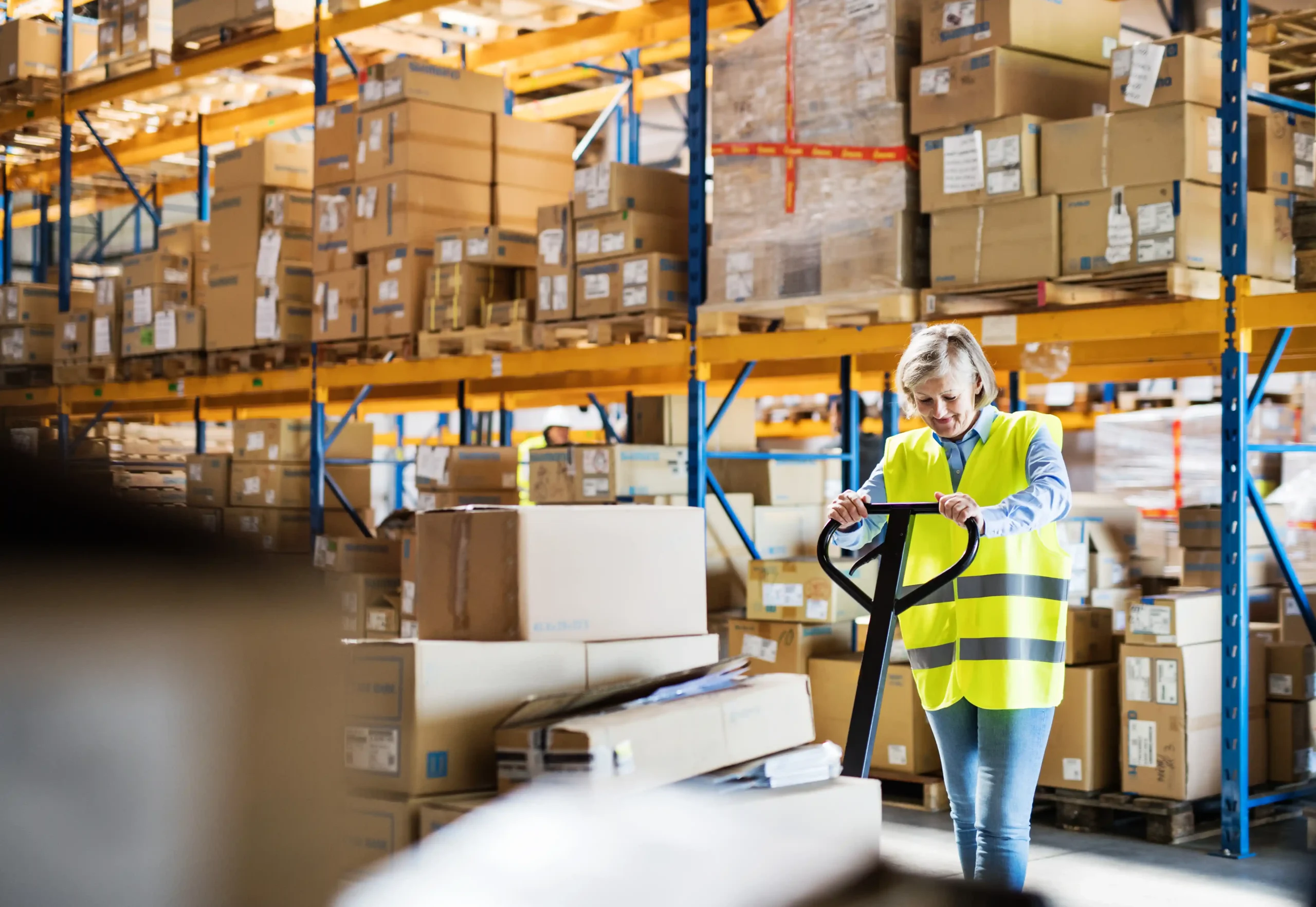 Senior warehouse worker moving inventory on a pallet jack in a large facility showcasing efficient warehouse storage solutions for small items.