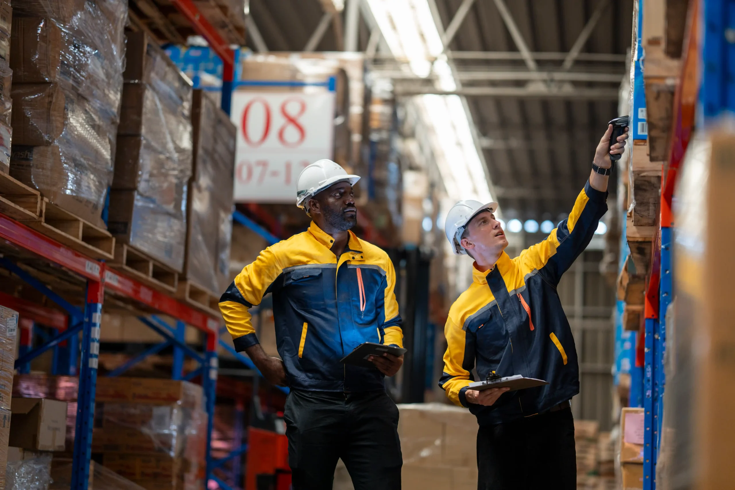 A warehouse and logistics coordinator inspecting inventory flow and storage systems inside a large distribution warehouse