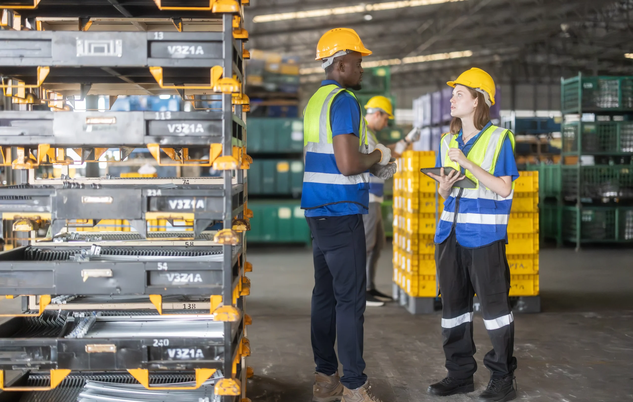 Workers reviewing inventory beside stacked warehouse storage crates in a large distribution facility.