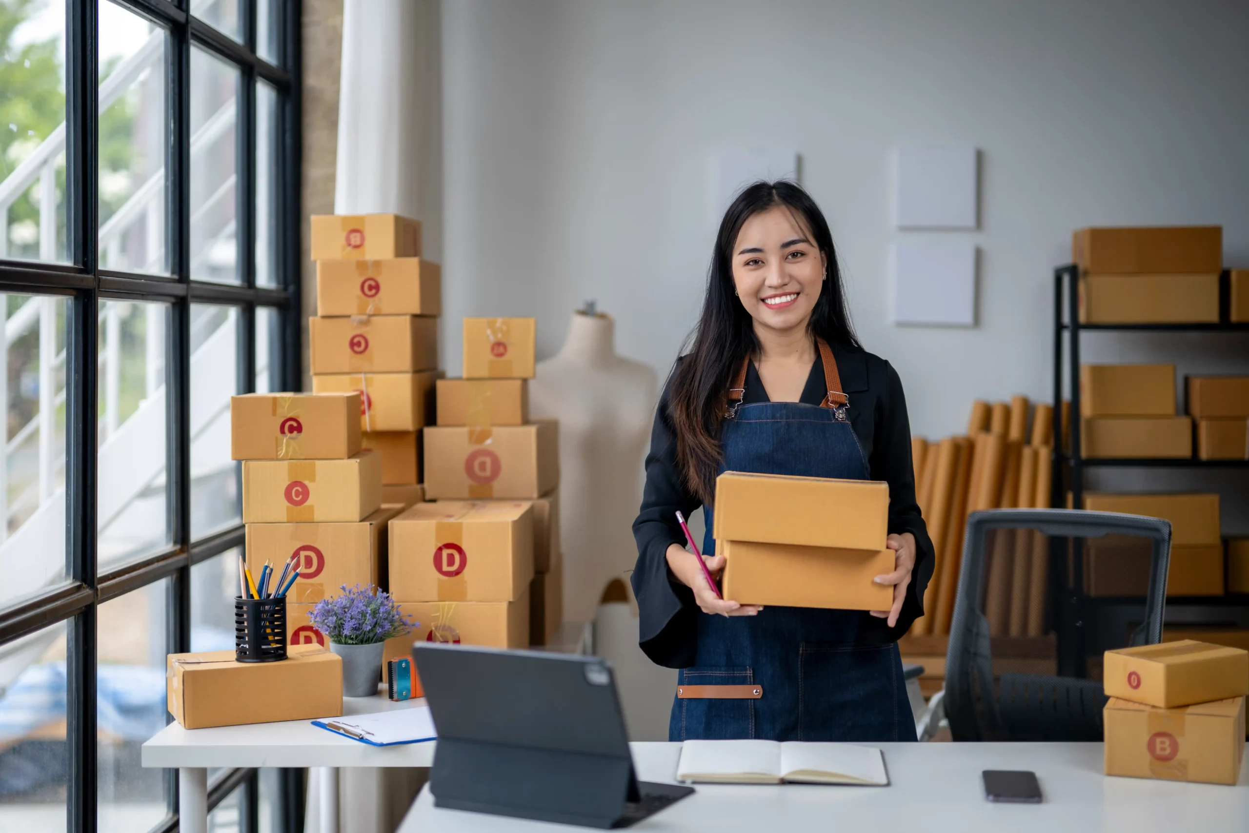 Small business owner managing packaged orders as part of ecommerce fulfillment logistics in a warehouse workspace