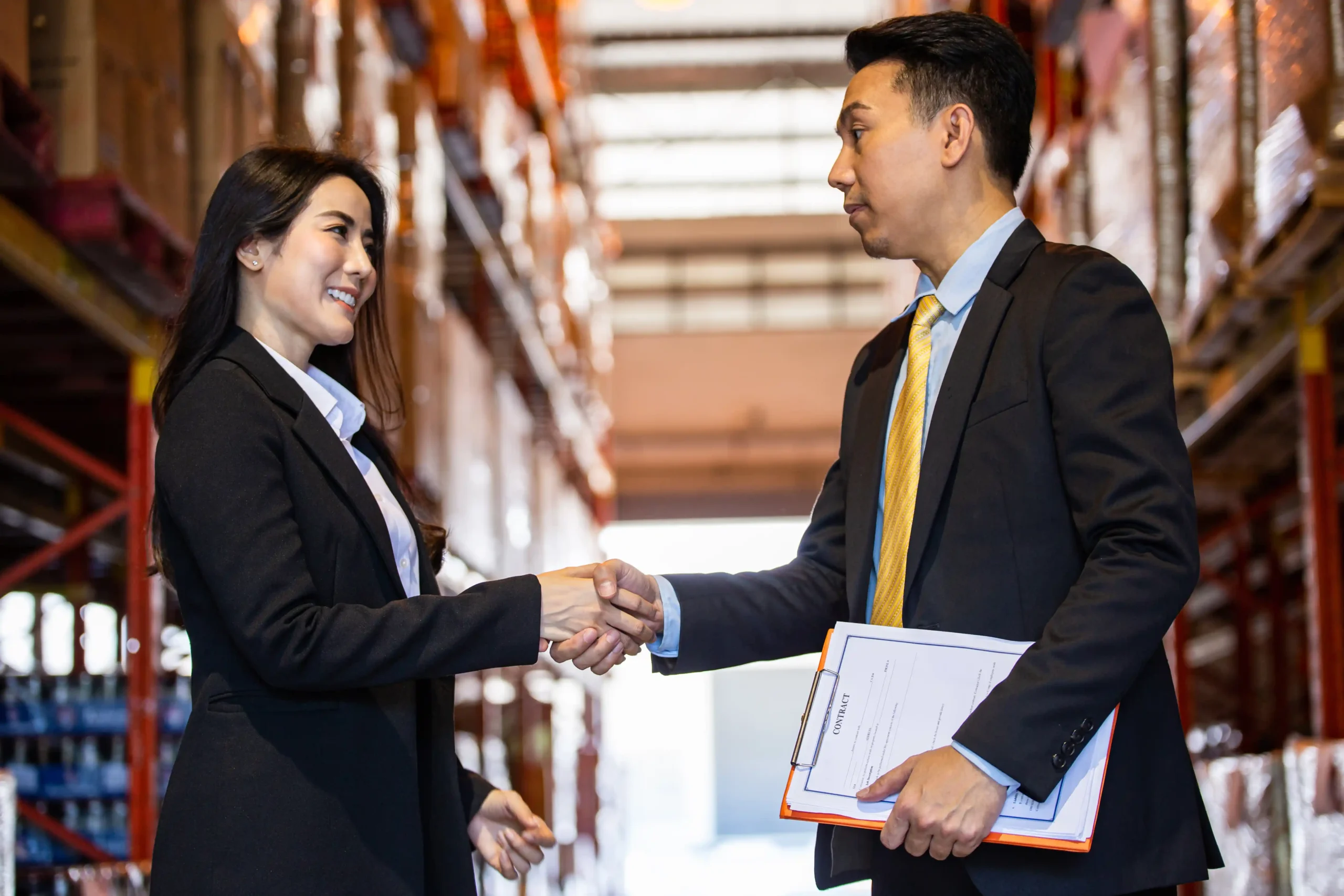 Business professionals shaking hands inside a warehouse after reviewing a warehouse storage agreement, surrounded by racks of inventory.