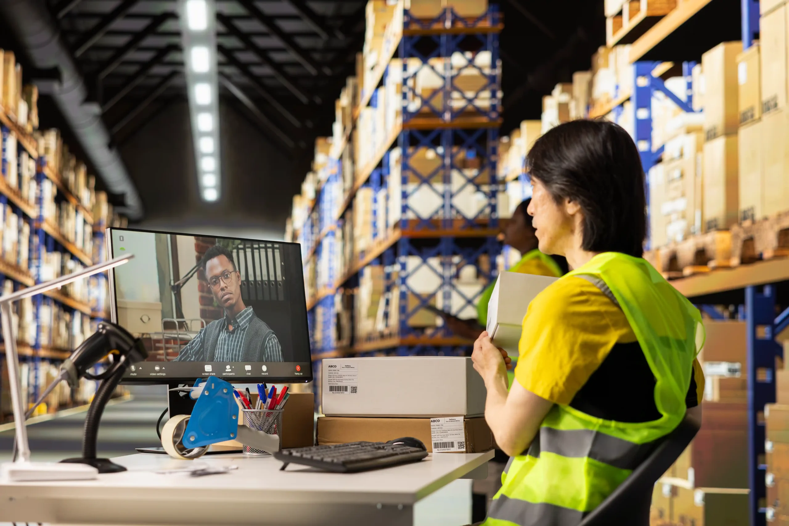 Warehouse employee in safety vest meeting with manager over video call to monitor fulfillment performance and key kpi for warehouse and logistics.