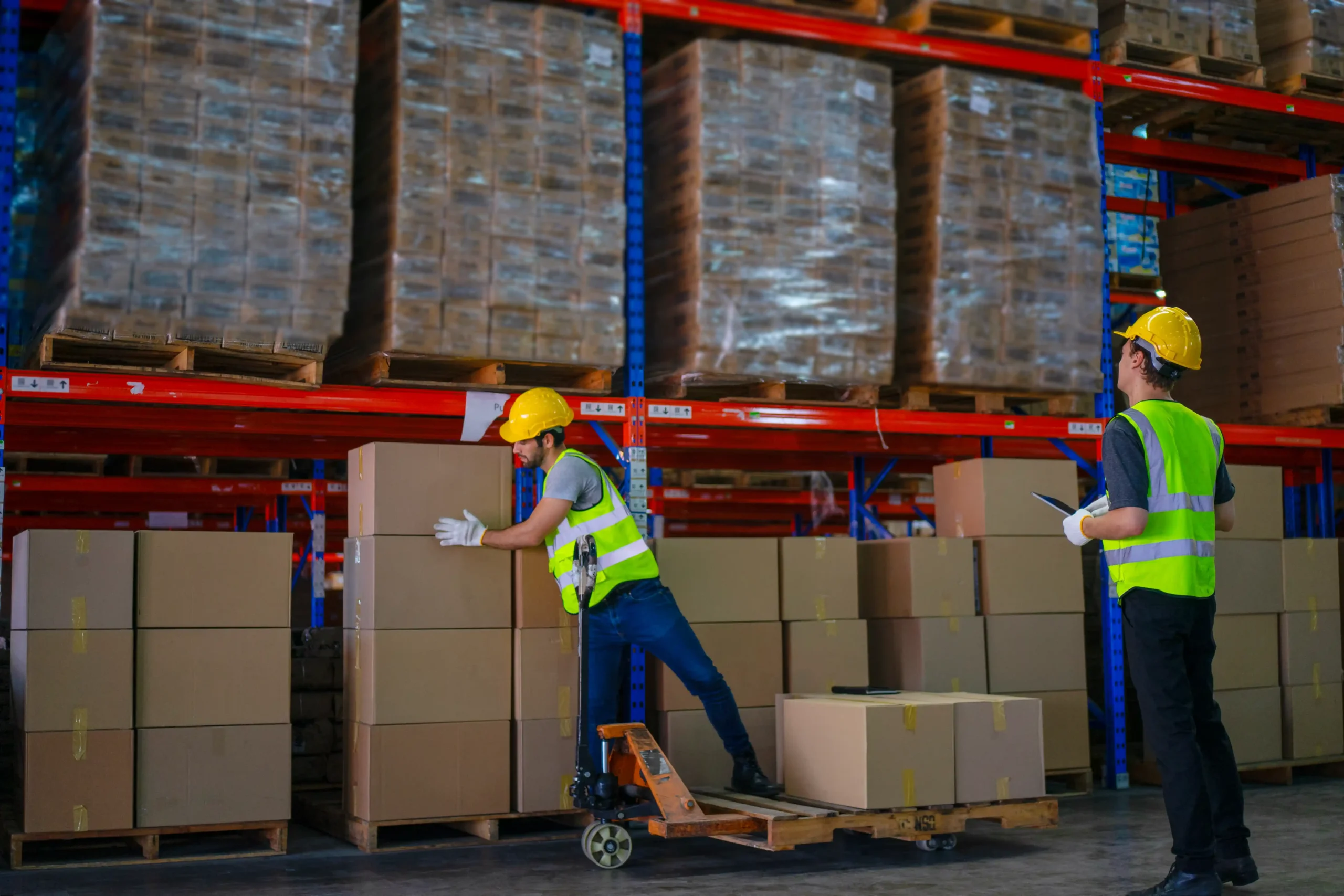 Workers organizing pallets in a warehouse environment where warehouse storage cages improve security and inventory