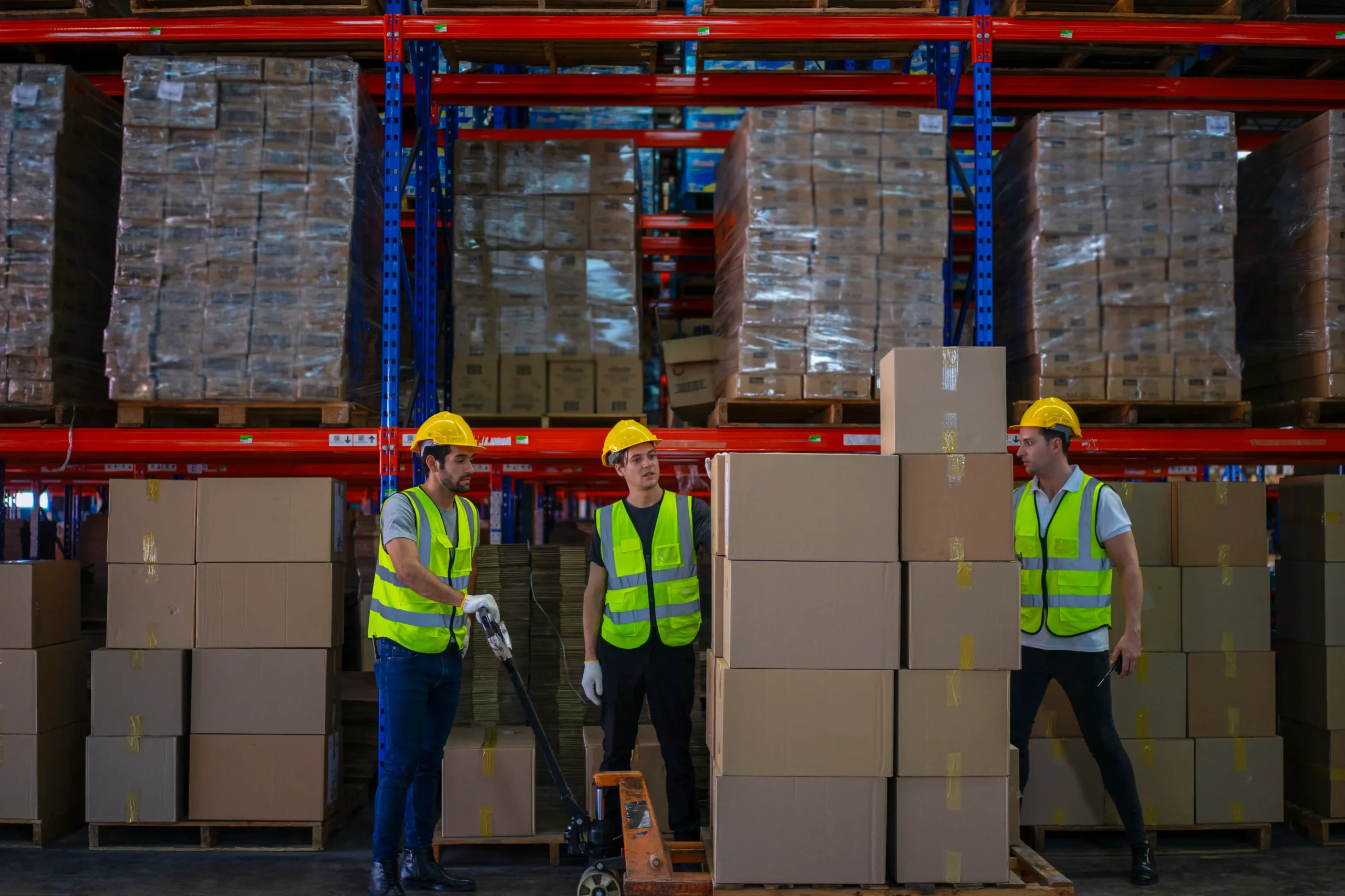 Workers organizing inventory inside a large warehouse storage and distribution facility with pallets and stacked cartons.