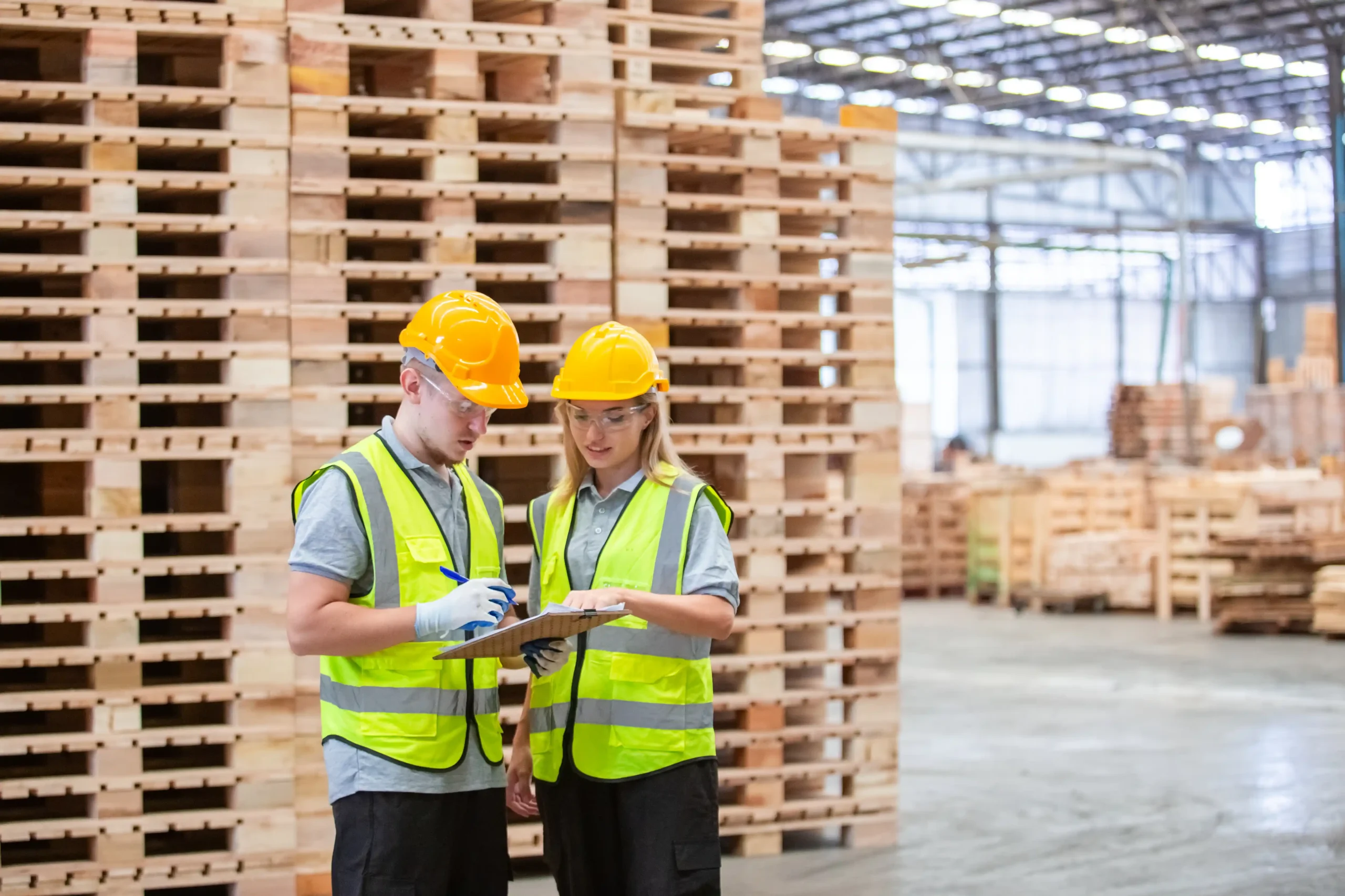 Workers inspecting wooden pallets in a warehouse, illustrating how warehouse storage rates per pallet relate to pallet quality and handling.