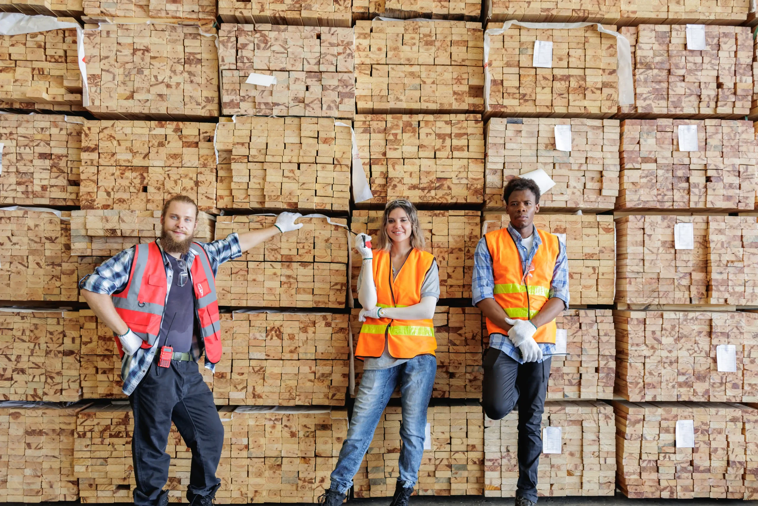 Warehouse team standing in front of wooden warehouse storage crates used for lumber and bulk materials.