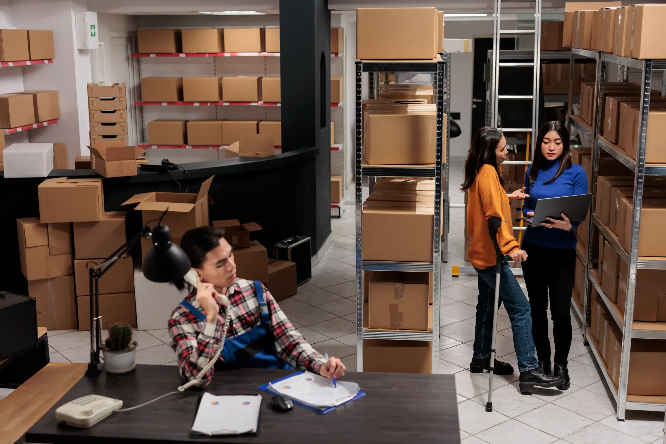 Warehouse staff coordinating product handling and documentation inside a tight storage space, highlighting teamwork in little warehouse storage environments.
