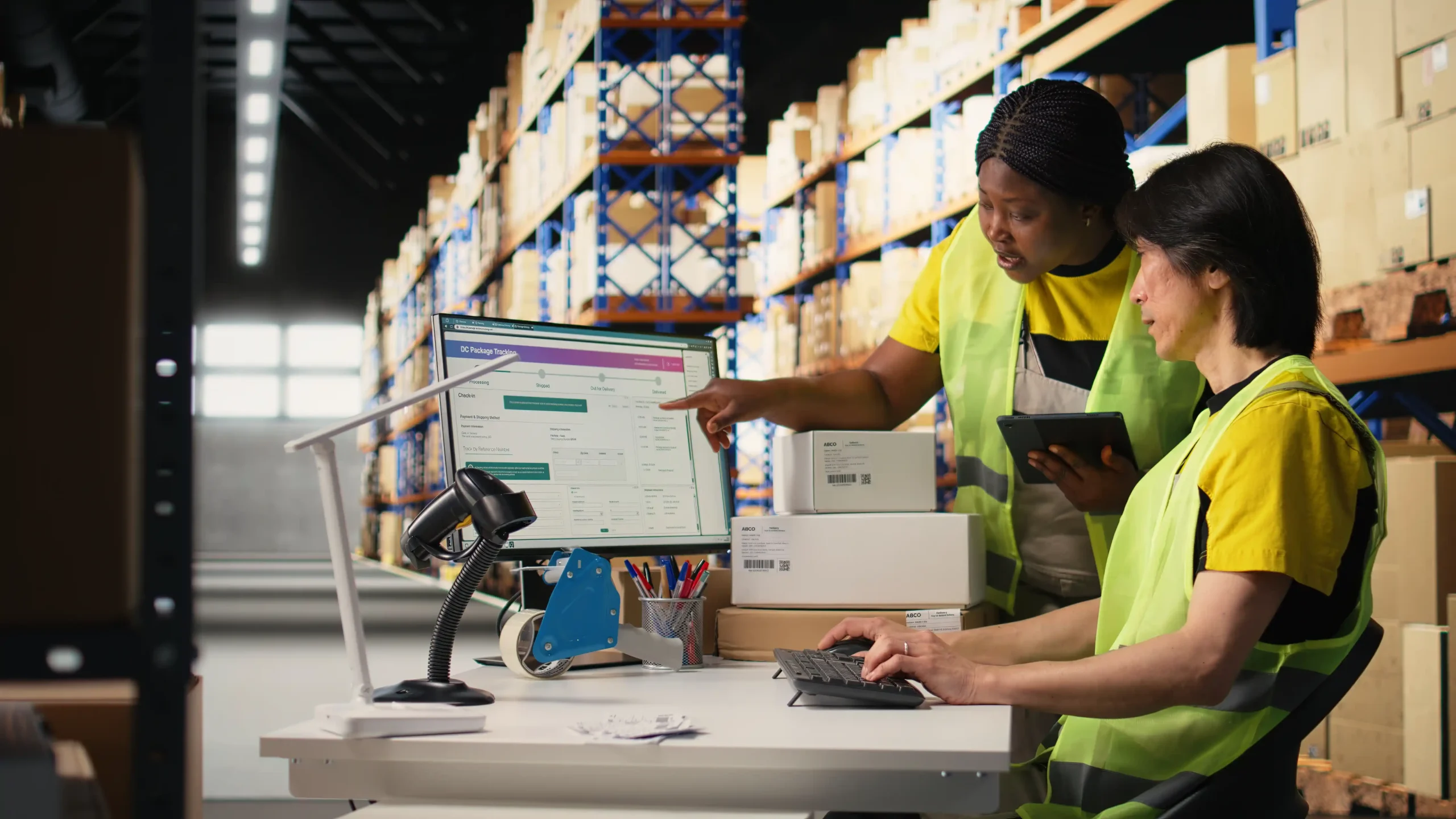 Two warehouse workers analyzing digital tracking data on a computer to improve picking accuracy and overall kpi for warehouse and logistics.