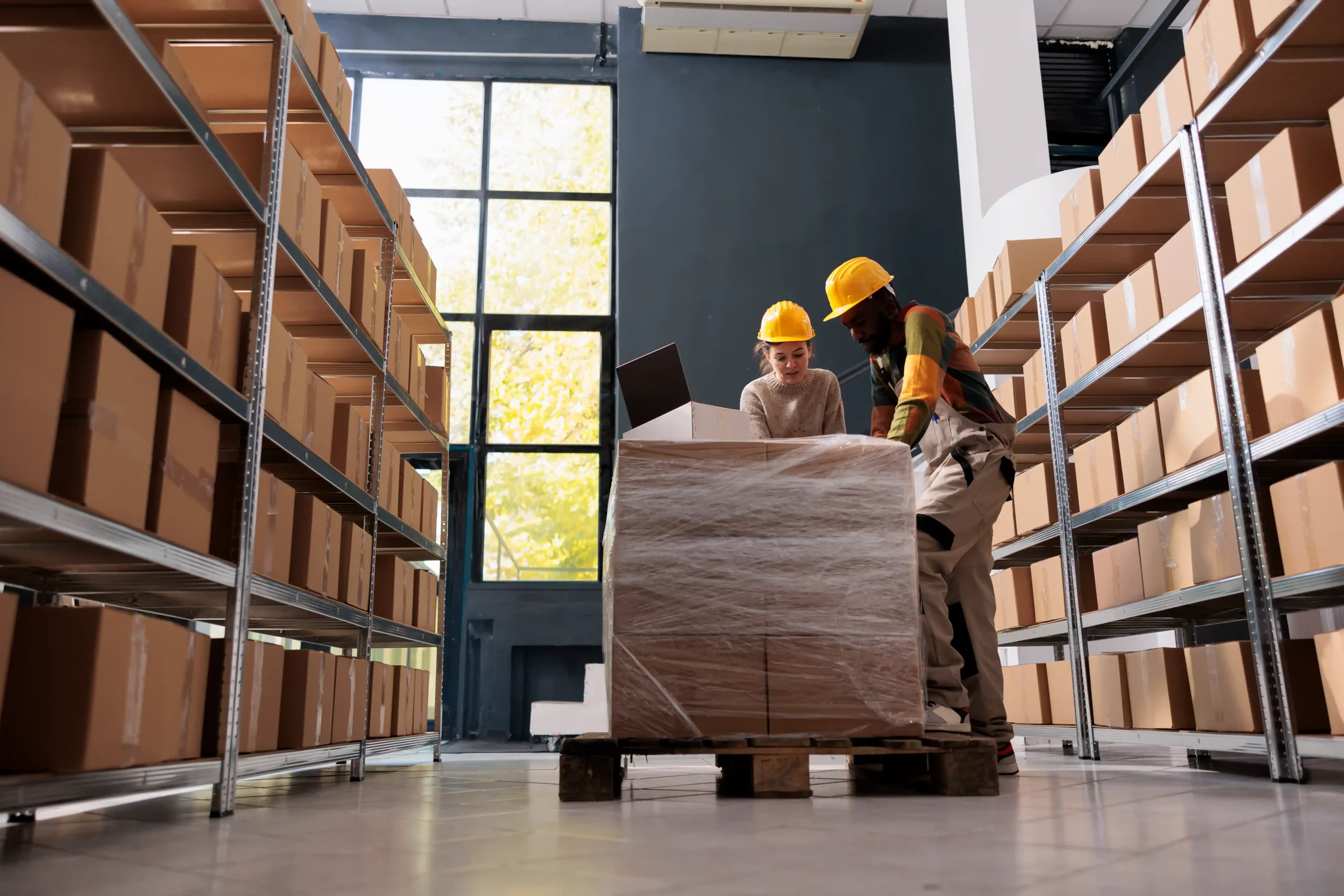 Workers organizing packaged goods in a facility to support efficient warehouse storage Los Angeles operations.