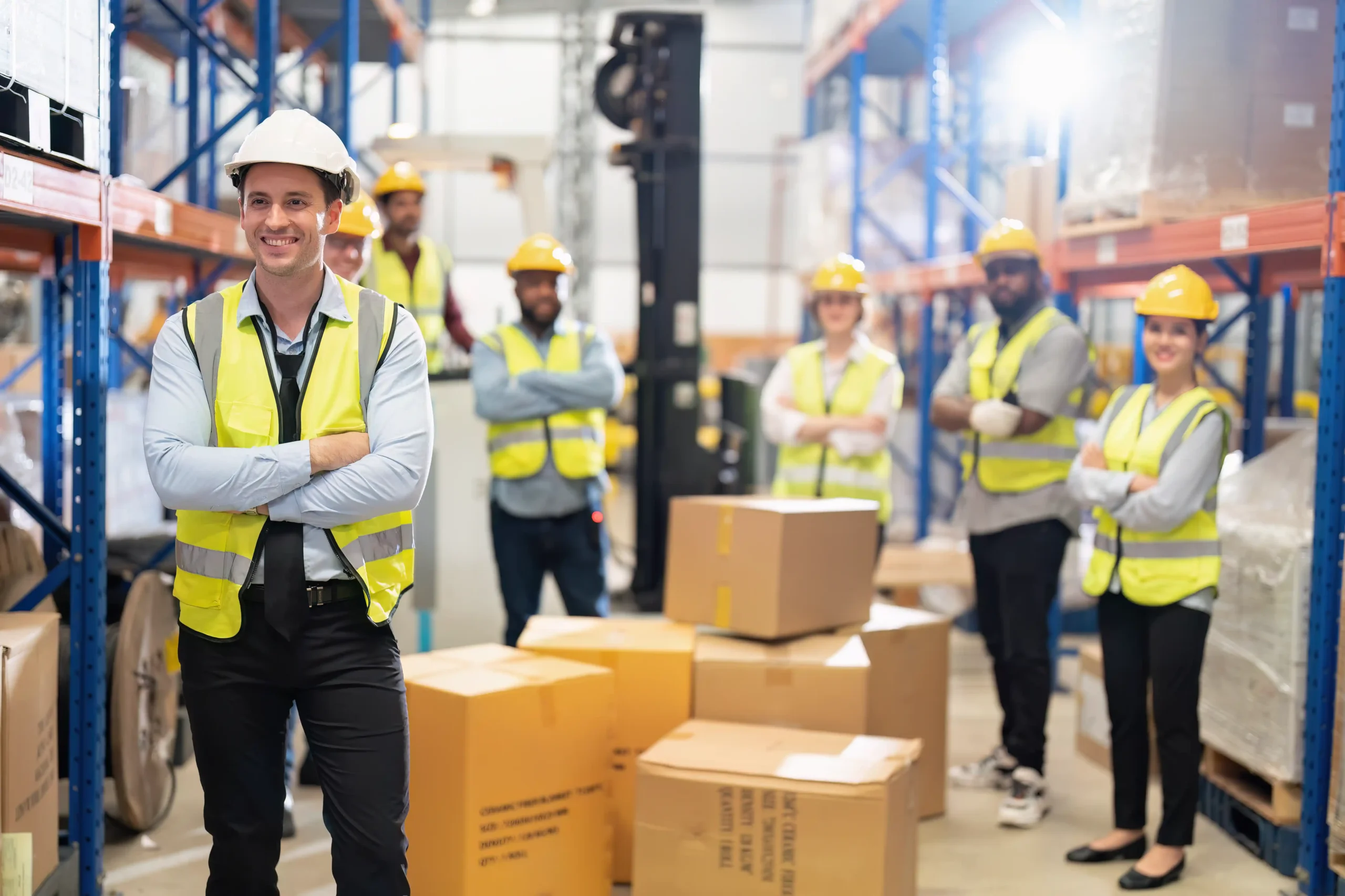 A warehouse storage company team standing together in a distribution center with safety vests and hard hats, showcasing teamwork and operational efficiency.