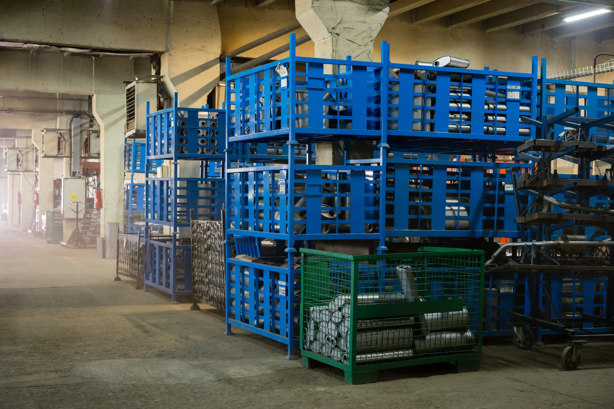 Stacked metal containers and mesh enclosures used as warehouse storage cages to secure industrial parts and equipment.