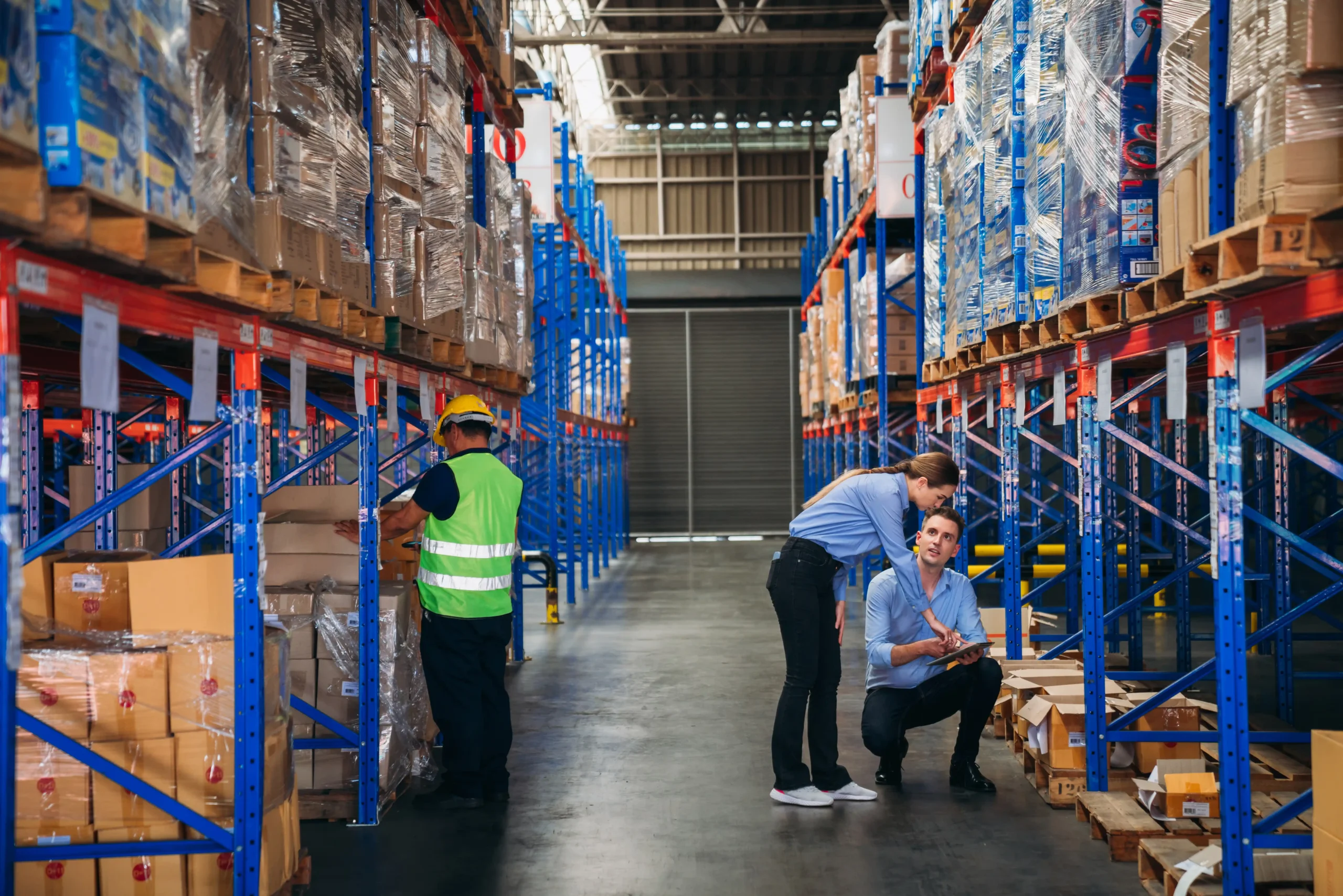Warehouse and logistics coordinator using a tablet to verify barcodes and track inventory accuracy in a modern warehouse