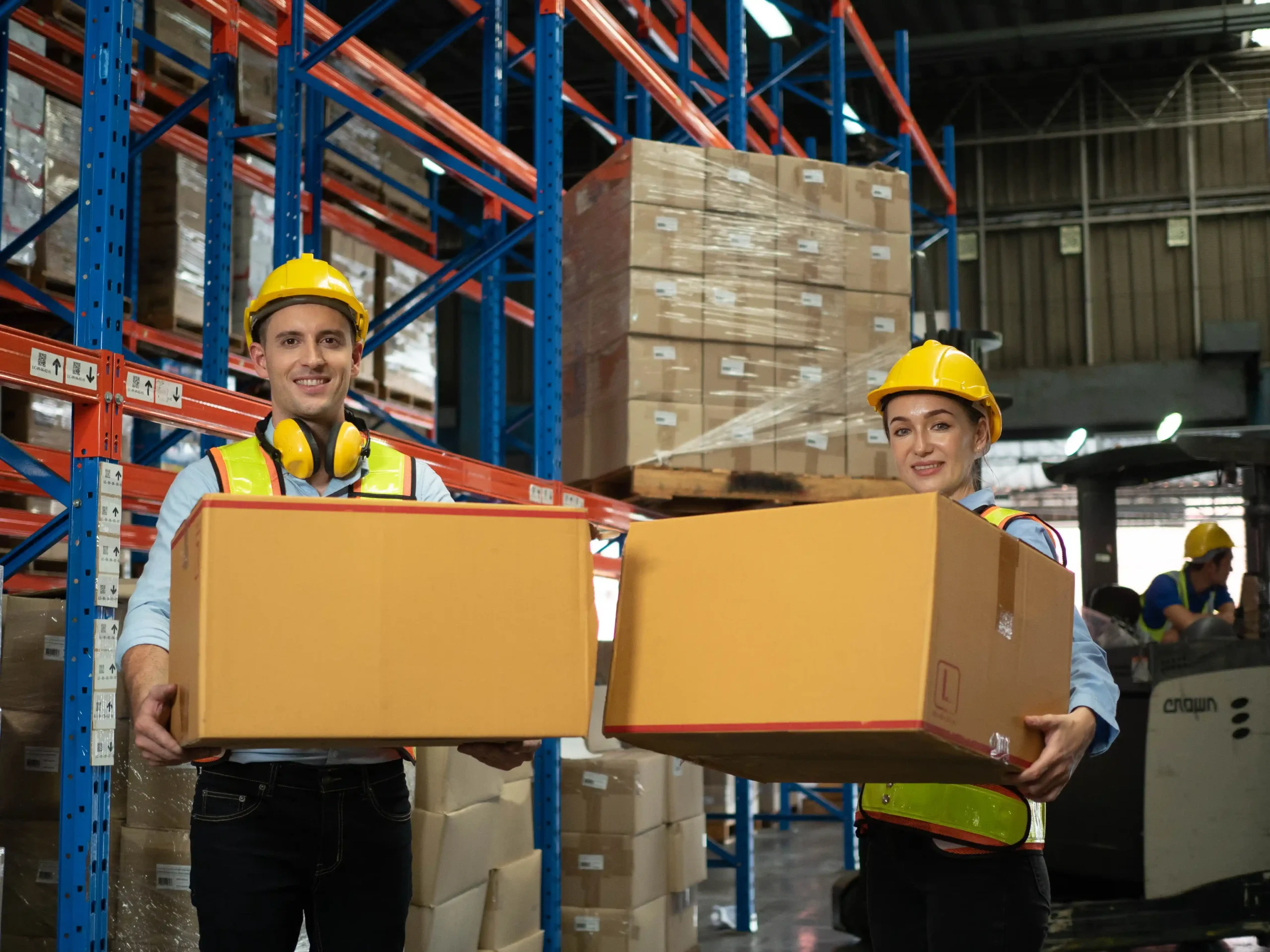 Warehouse workers wearing safety gear holding boxed inventory, showing how does warehousing work through proper handling, teamwork, and safety procedures.