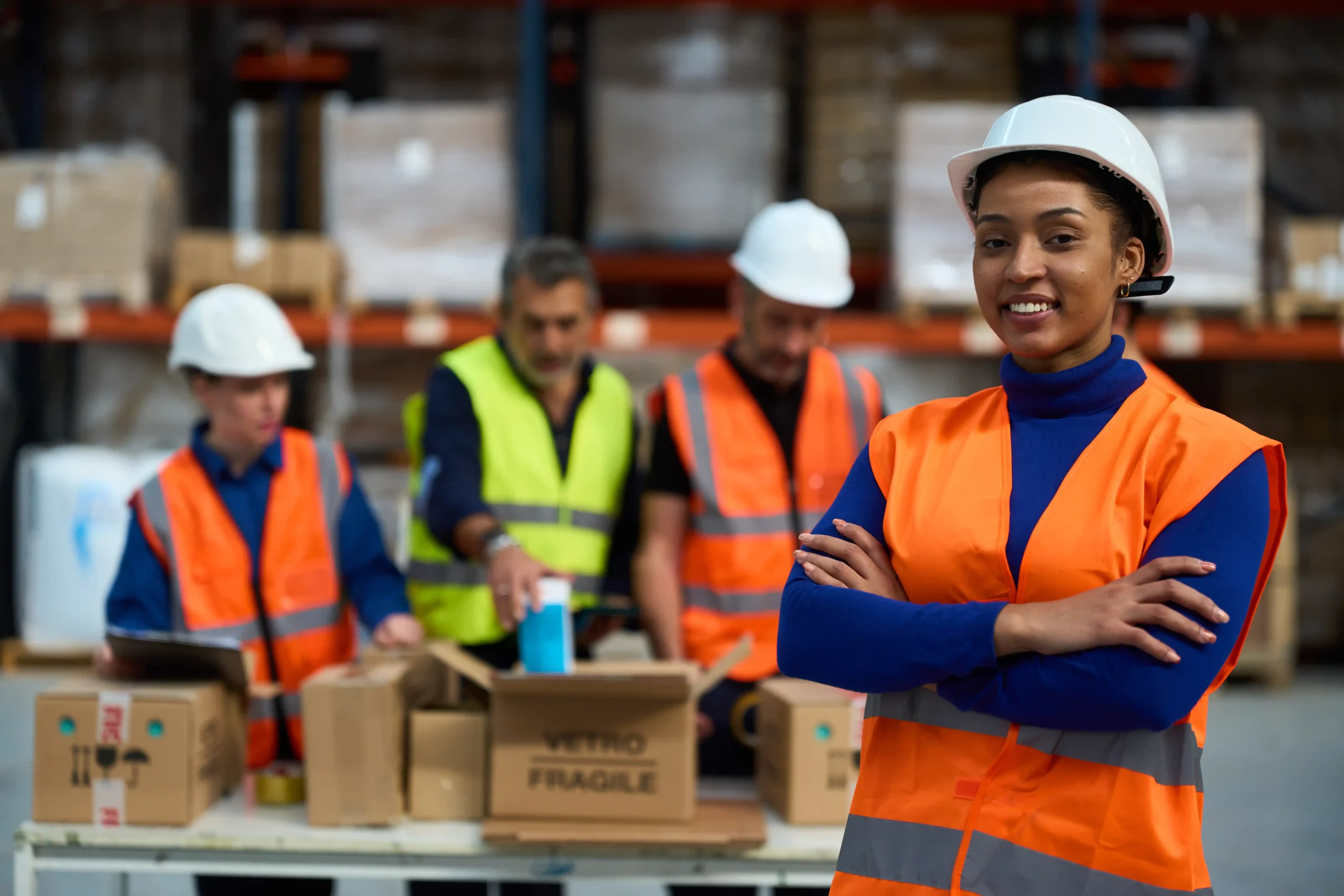 Female warehouse leader standing confidently with team inside a fulfillment warehouse usa operation