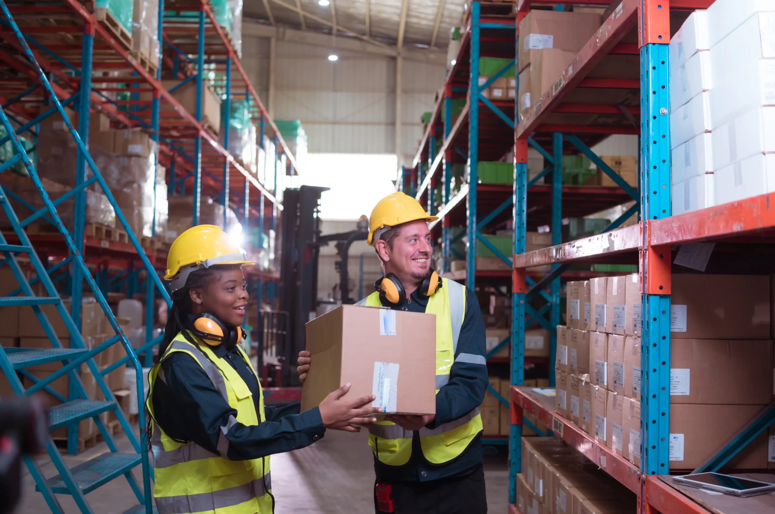 Warehouse employees lifting and organizing boxes together while working within a racking system designed for warehouse storage solutions for small items.
